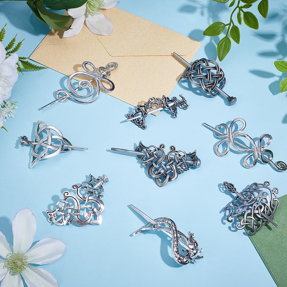 AHANDMAKER 9Pcs Viking Hair Clips 9 Styles Vintage Knot Hair Stick Hair Slide Hairpins Retro Silver Metal Barrette Hairpins Jewelry Accessories for Ladies or Women