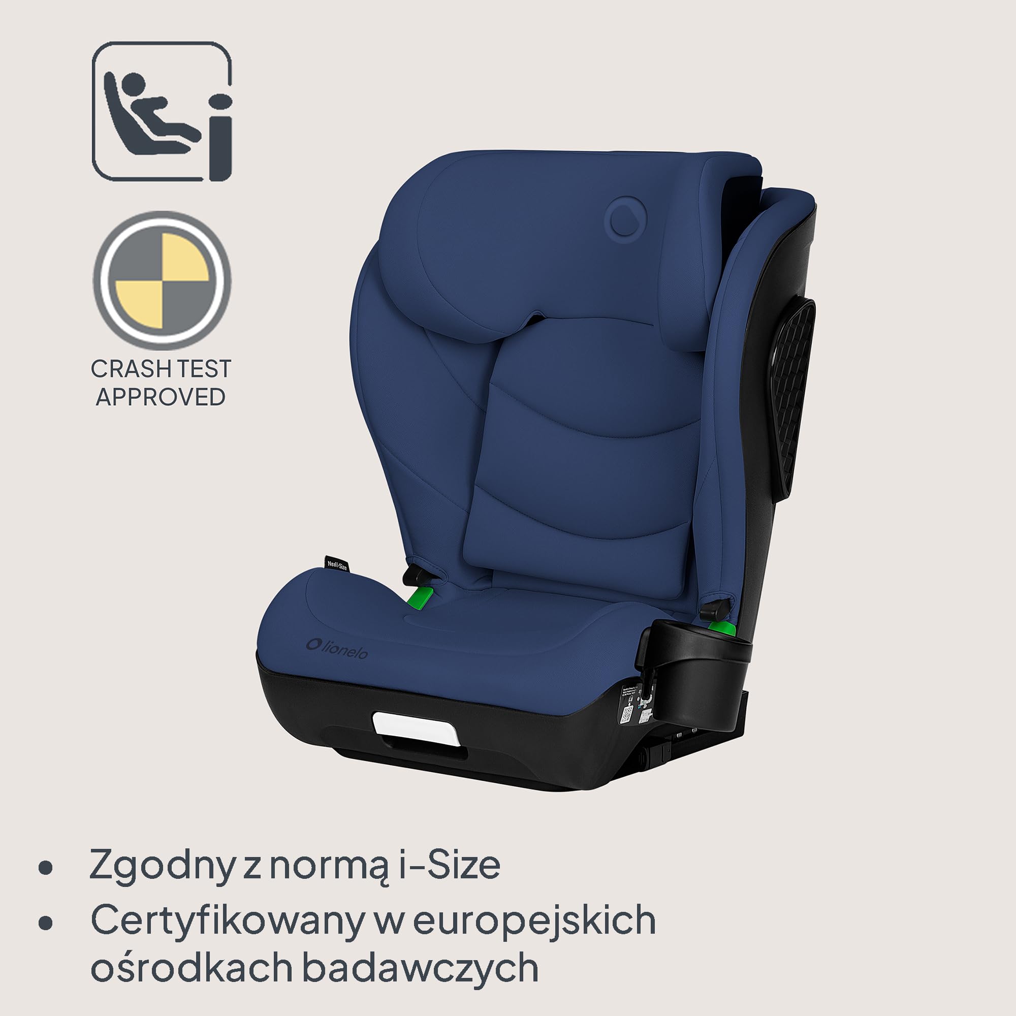 LIONELO NEAL I-SIZE Fotelik samochodowy dla dzieci, grupa 2 3, od 100 do 150 cm, ok. 3-12 lat, mocowanie ISOFIX lub bez uprzęży, regulowany zagłówek, ochraniacz boczny, podłokietnik, standardowy R129