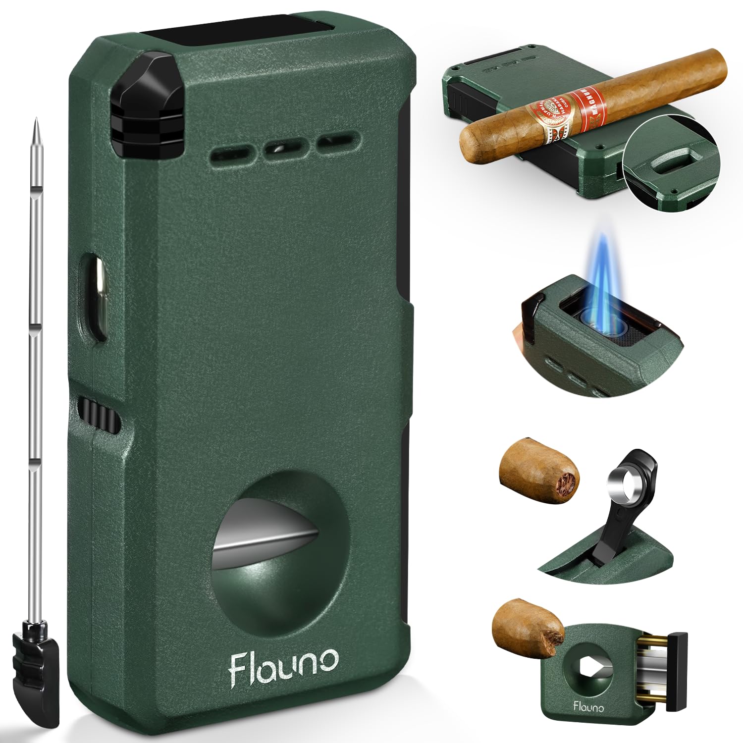 Cigar Lighter, 5- in -1 Torch Lighter, Built-in V-Cut Cigar Cutter, Cigar Punch, Cigar Draw Enhancer, Cigar Holder, Windproof Double Jet Flame, Refillable Butane Lighter for Smoking, Gift for Men Green