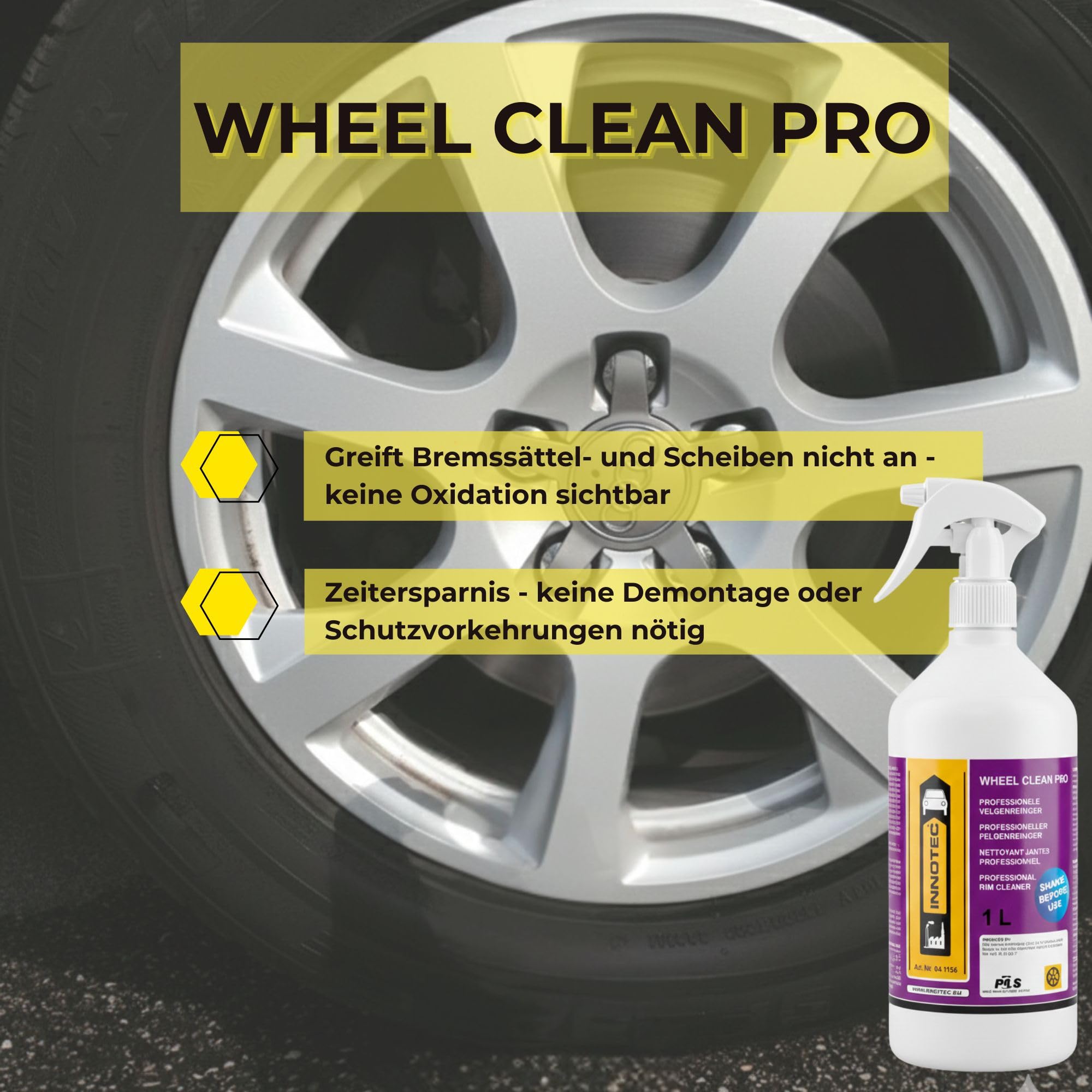 INNOTEC Wheel Clean Pro 1 L – Professioneller Felgenreiniger für Stahl- und Alufelgen – entfernt Bremsstaub, Öl- und Straßenschmutz – säurefrei, materialschonend – gebrauchsfertige Sprühflasche