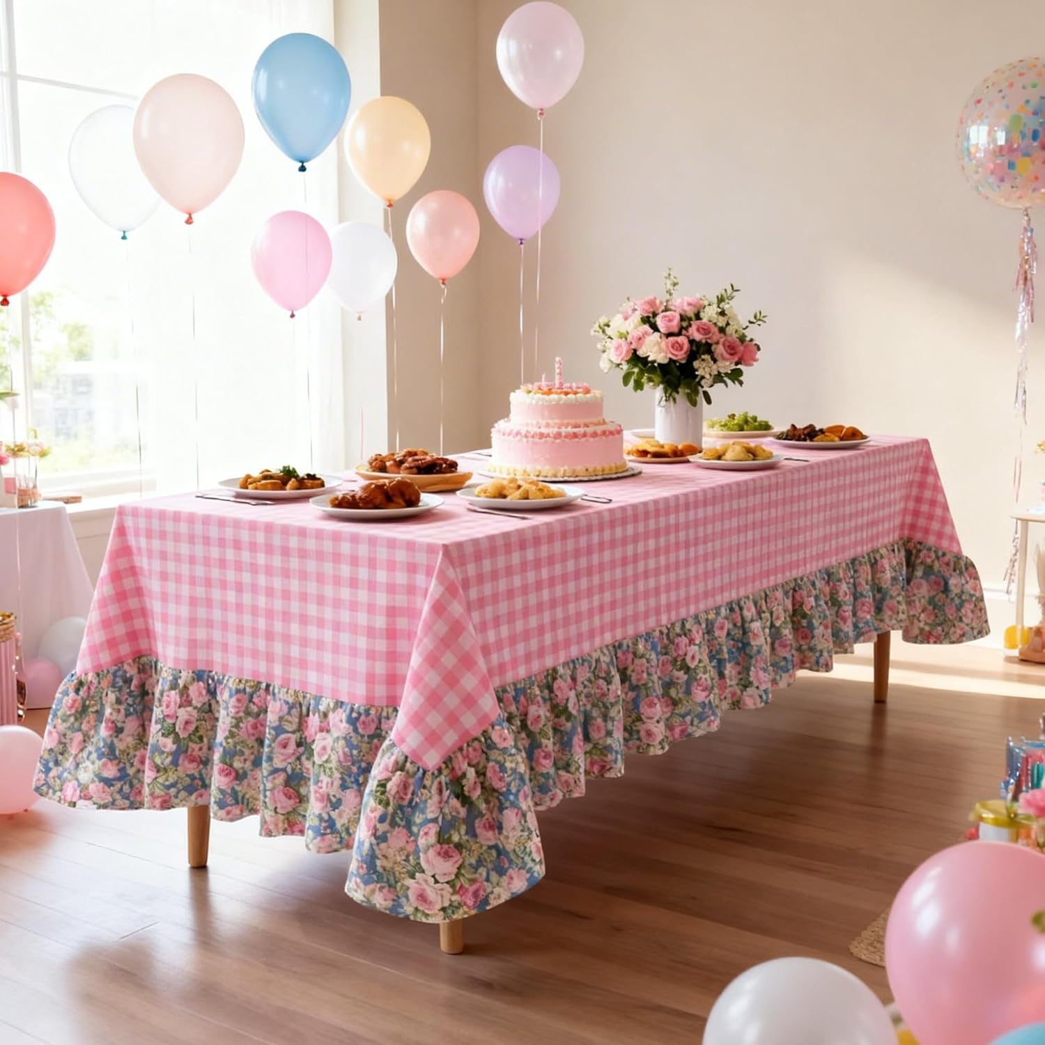 Moukeren Pink White Plaid Ruffled Long Table Cloth Rectangular Fits 8-10 Seater Table Linen Cotton Checker Gingham Tablecloth with Flower for Baby Shower Birthday Party Picnic Decorative - 120"x60"