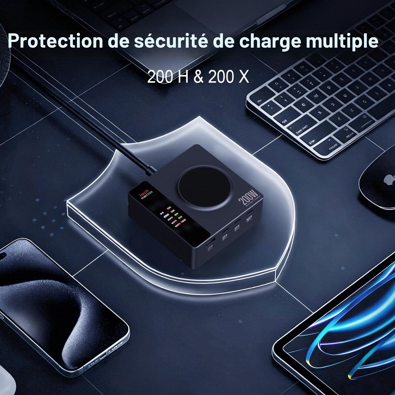 ISDT Power 200 Series Chargeur USB C, 200 W, pour téléphone Portable, avec 4 Ports USB + 1, Connexion par Application, écran LCD PD 3.1, Chargeur Rapide Compatible avec téléphone, iPad, MacBook, etc.