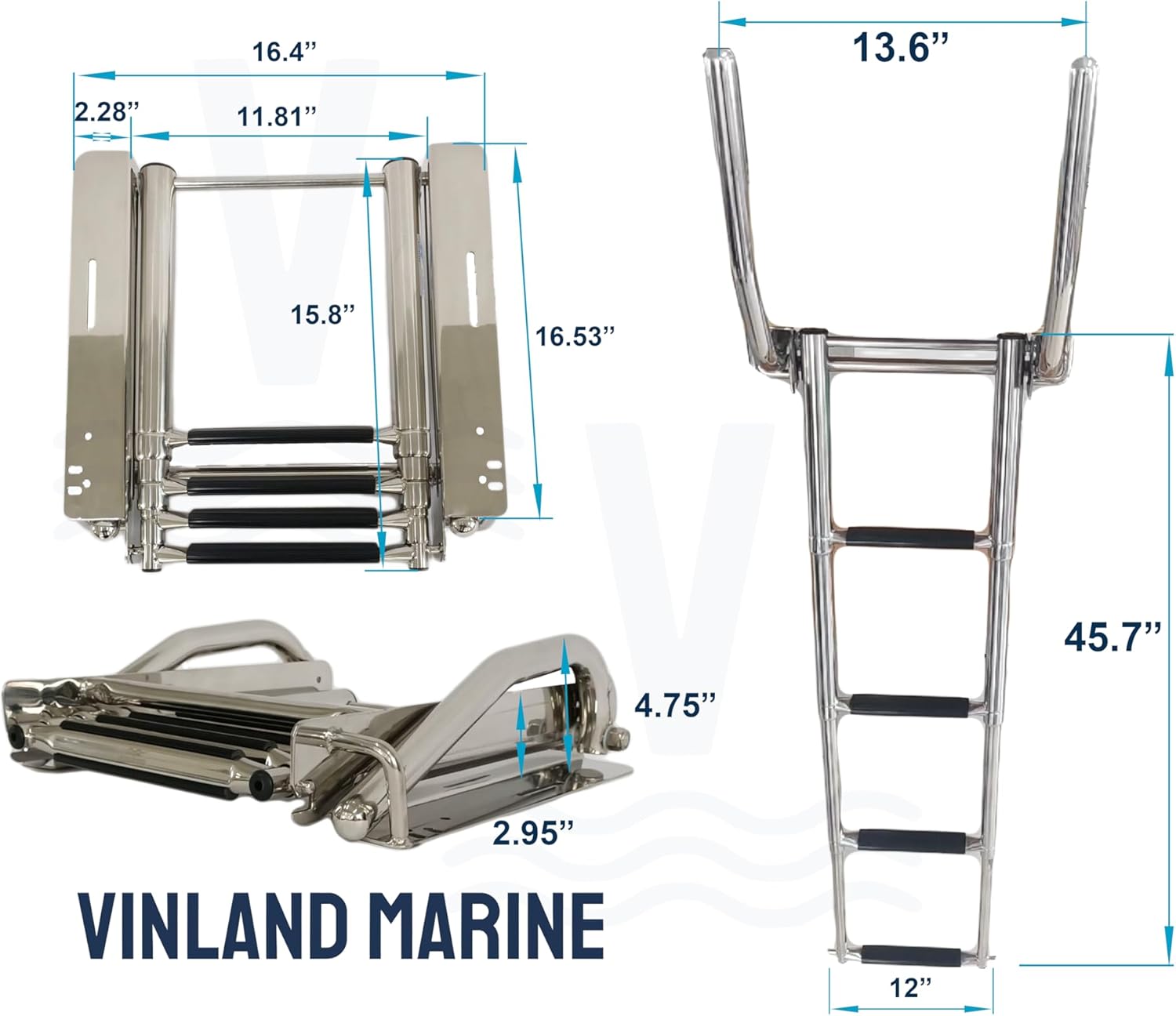 Vinland Marine 316 Stainless Steel 3 & 4-Step Under Platform Ladder with Retractable Boat Boarding Handle, Step Ladder with Handle, Ladders, Boat Swim Platform Ladders, Pontoon