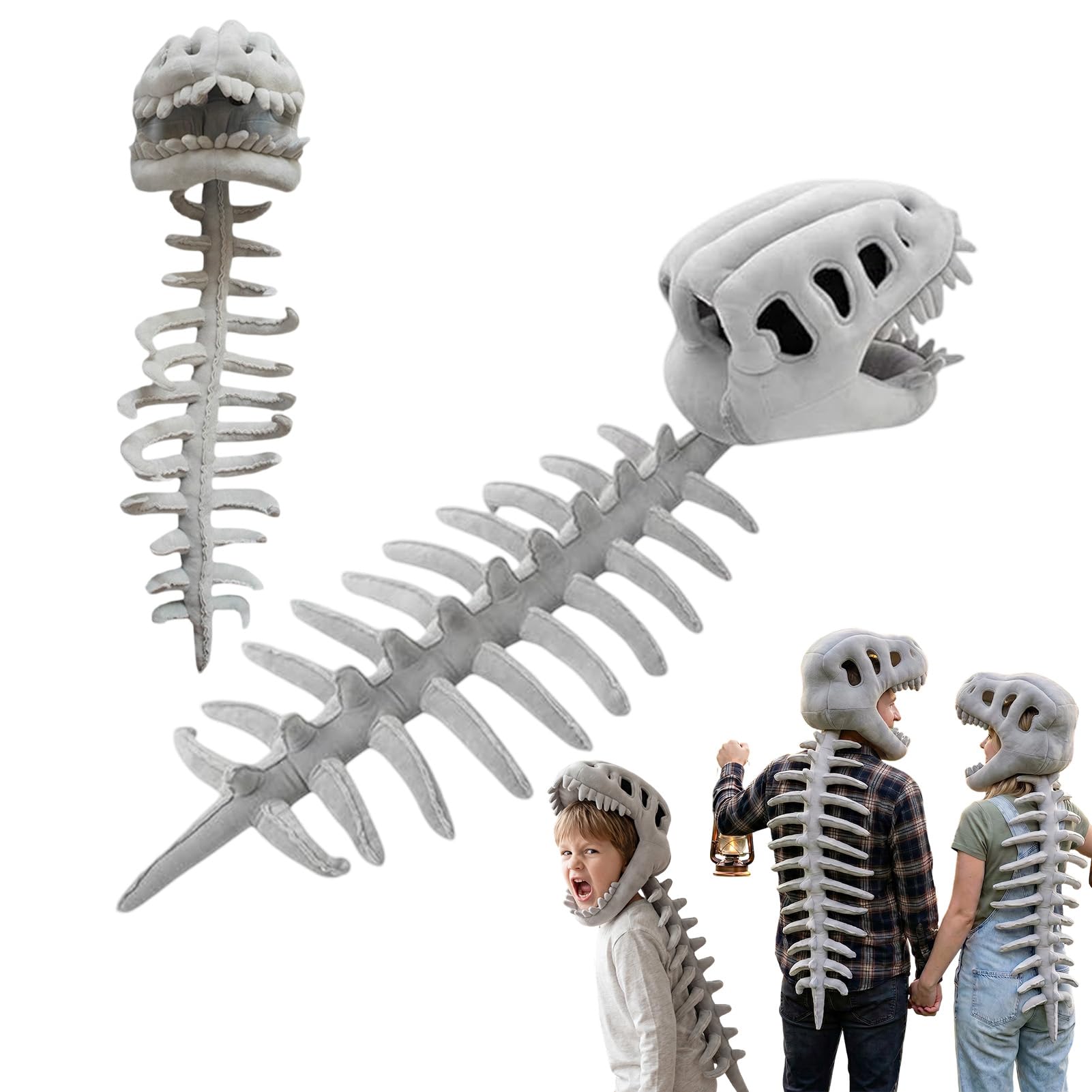 Amycute Realistic Spinosaurus Skeleton Costume, Plush 3D Dinosaur Skull Headpiece with Spine Extension, Wearable Fossil Dino Outfit Costume for Adults Kids Halloween Cosplay Fancy Dress Party(120cm)