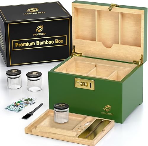 HOVANZO Caja de almacenamiento de bambú grande de alta calidad con cerradura de combinación, juego de caja decorativa, contenedor de madera grande,