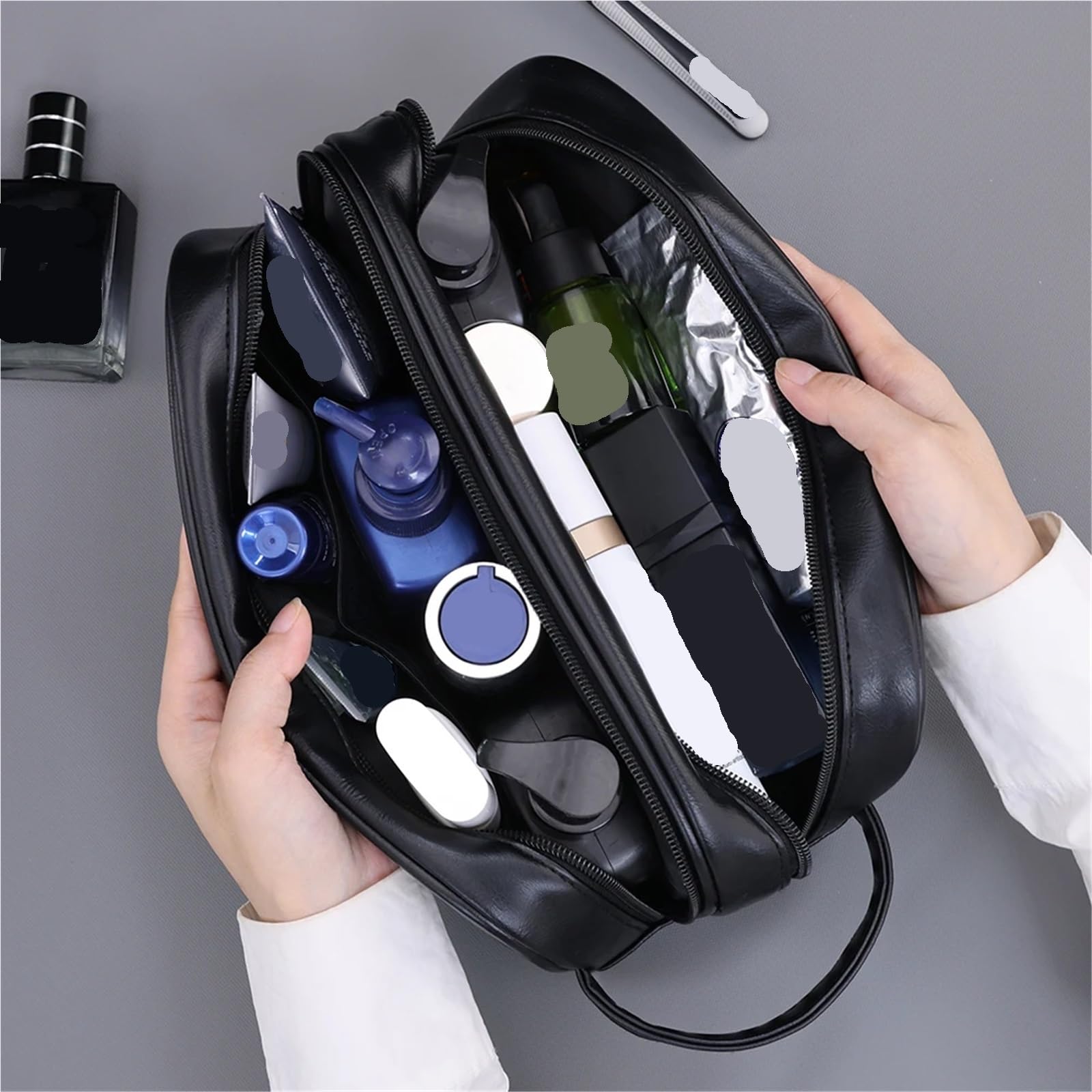 Neceser De Viaje Neceser de Doble Capa for Hombre, Organizador de Lavado de Viaje de Cuero PU, Bolsa de cosméticos de Afeitado Resistente al Agua, Almacenamiento para Viajes(Coffee)
