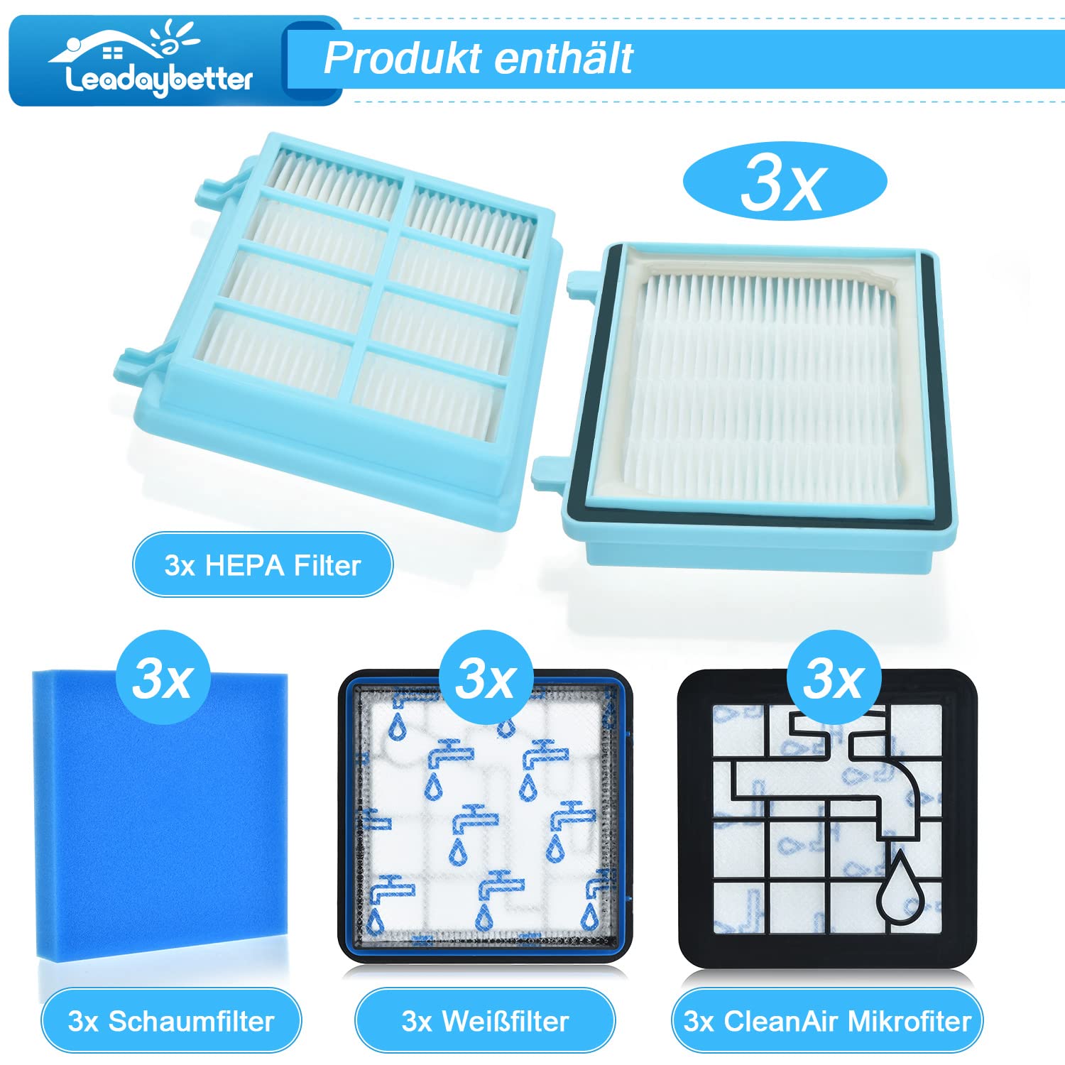 3 Stück FC9331/09 Filter Ersatzteile für Philips Bodenstaubsauger