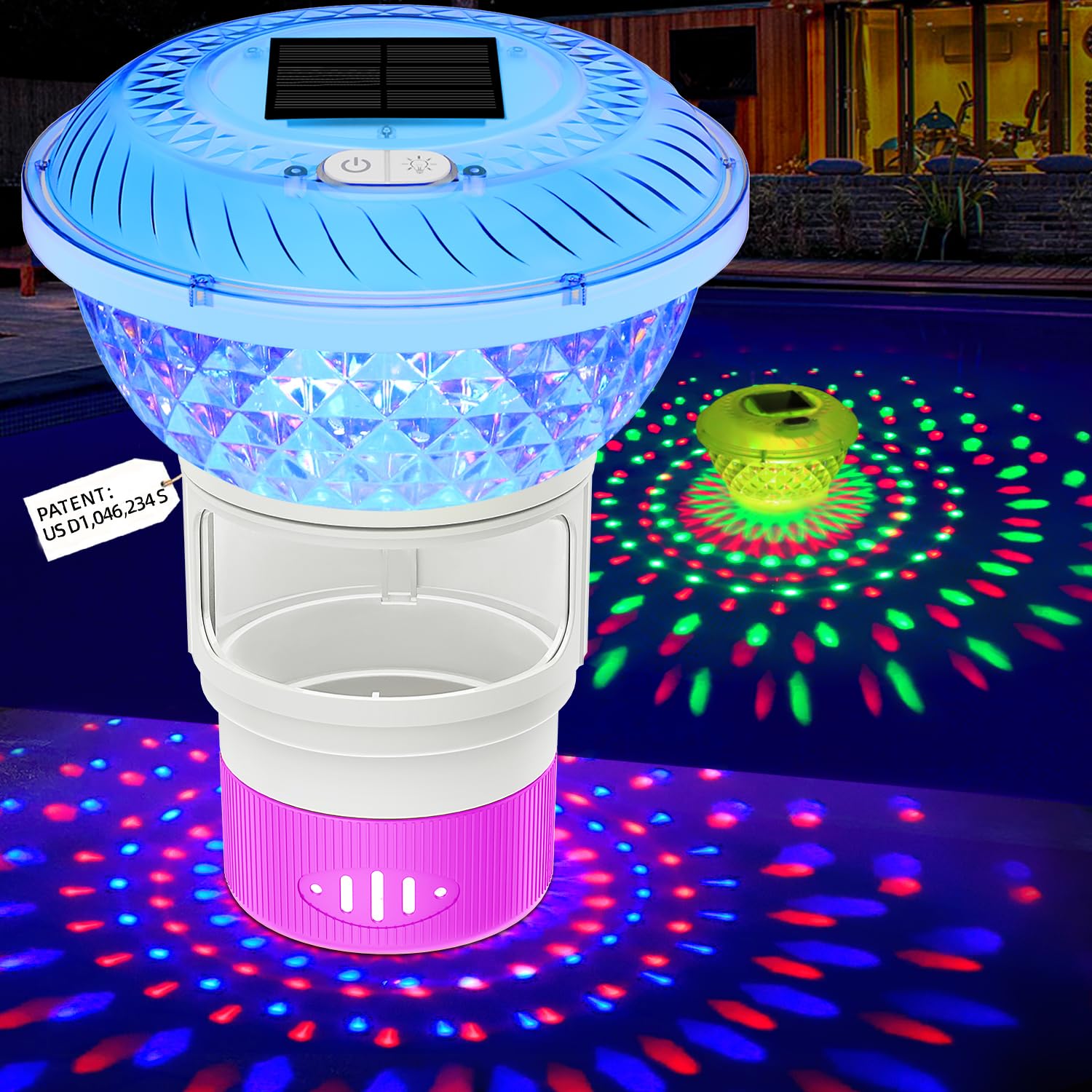 FineBud2025 Upgrade Solar Chlorine Floater, Pool Chlorine Floater with Colorful Light, Button Control Floating Chlorines Dispenser for Pool, Adjustable Flow chlorines floaters (Pink)