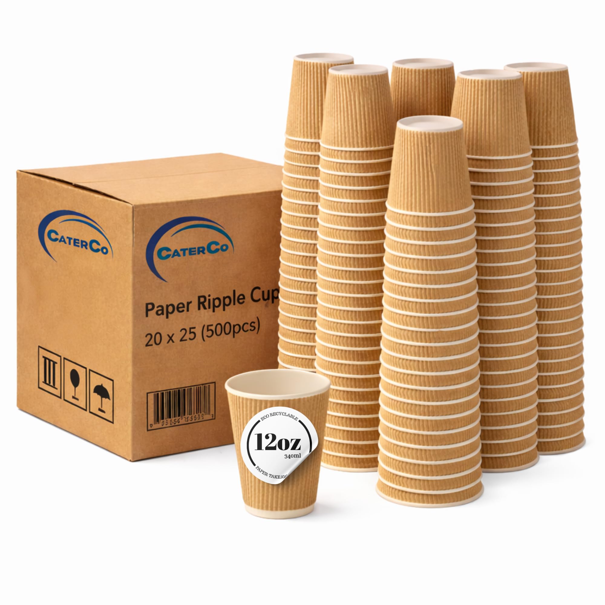 CaterCo 12oz Kraft Ripple Wall Coffee Cups - 500 Pack Triple Insulated Cups for Hot Drinks, Tea - Recyclable, Brown Paper Cups for Cafes, Takeaway, Office, Events - 12oz / 340ml - 500 Pack