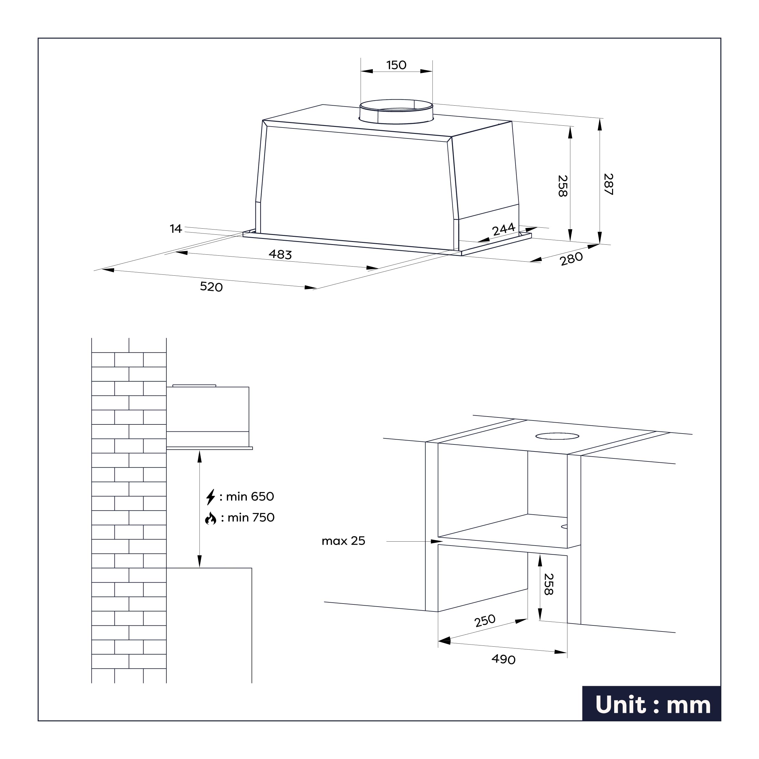 CIARRA CBCB5931A Campana Extractora Integrada de 52 cm Control de Onda 59dB | 466m³/h Ventilador Extractor de Cocina Integrado, Luz LED, Filtro de Carbono CBCF055 incluido