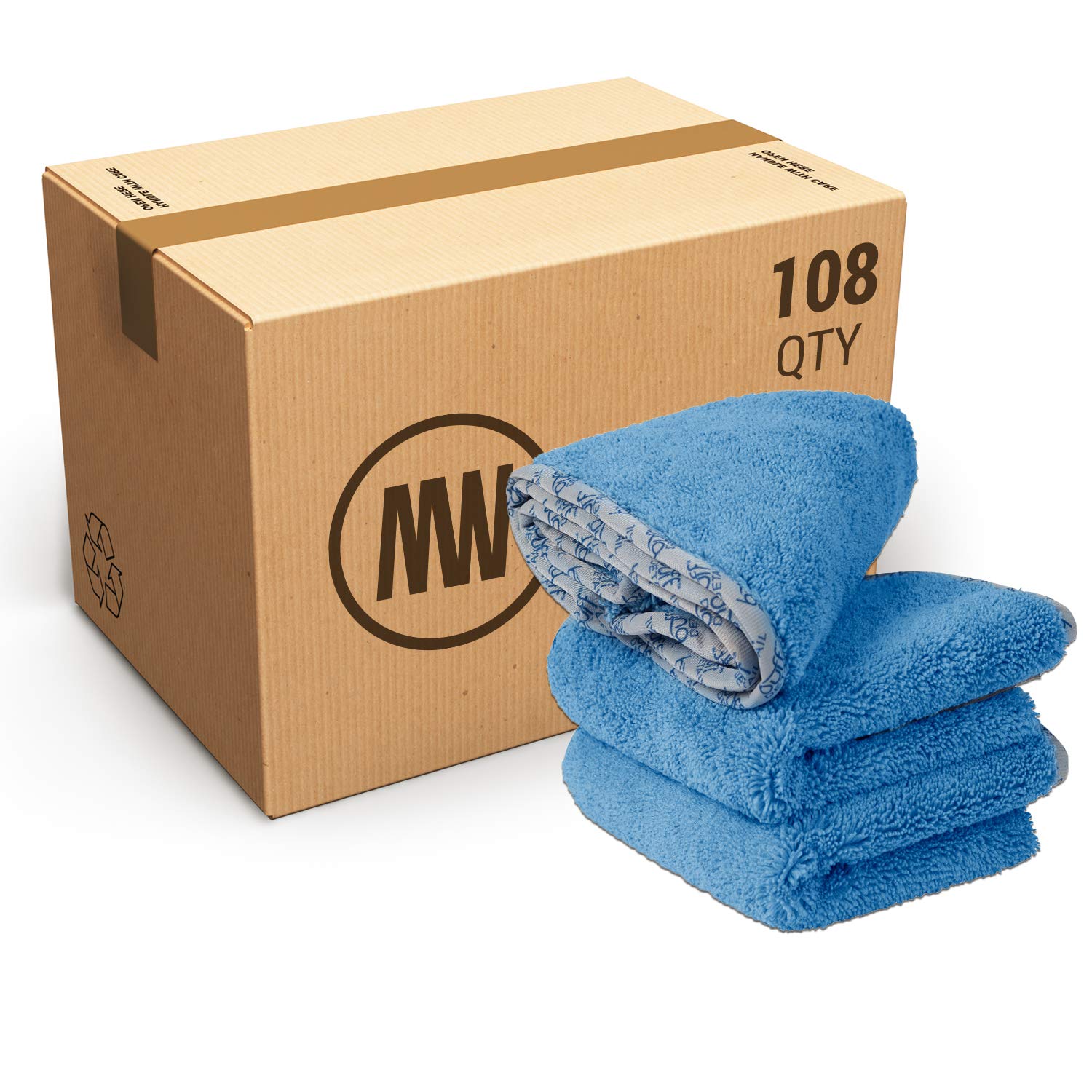 Buff Detail Microfiber Car Towels Bulk (16"x 24") | 400 GSM | 80/20 Blend | Tagless | Soft Satin Piped Edges | All-Purpose Auto Detailing - Wax, Buff, Polish, Wash, Dry | Case of 108 (Blue)