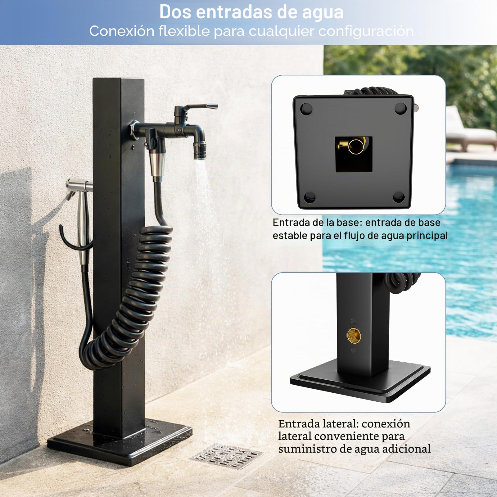 Columna de Agua para Jardín, Grifo de Jardín Negro con Pistola y Manguera, Columna de Grifo Exterior de Pie de Acero Inoxidable, Poste de Agua, Fuente Jardín, Resistente a Las Heladas 95 cm