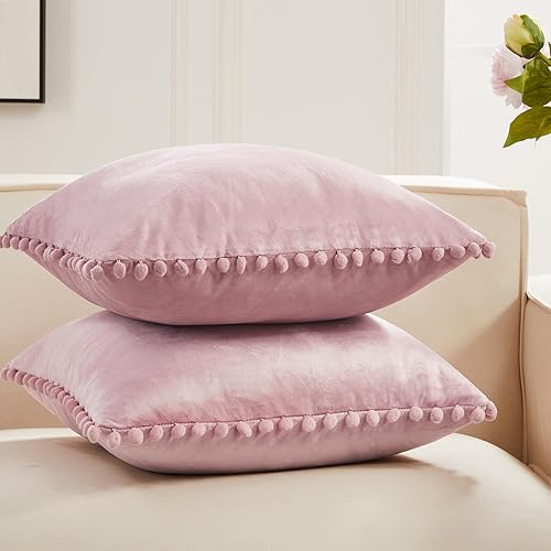 Vista 150 de Deconovo Juego de 2 fundas de almohada de terciopelo, 20 x 20 pulgadas, color verde azulado, cuadradas, con pompones, suaves, con cremallera