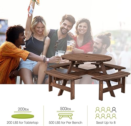 Miniatura 7 de Giantex Juego de mesa de picnic de madera con banco de madera, mesa redonda para 4 adultos u 8 niños, con diseño de sujeción para paraguas, perfecto