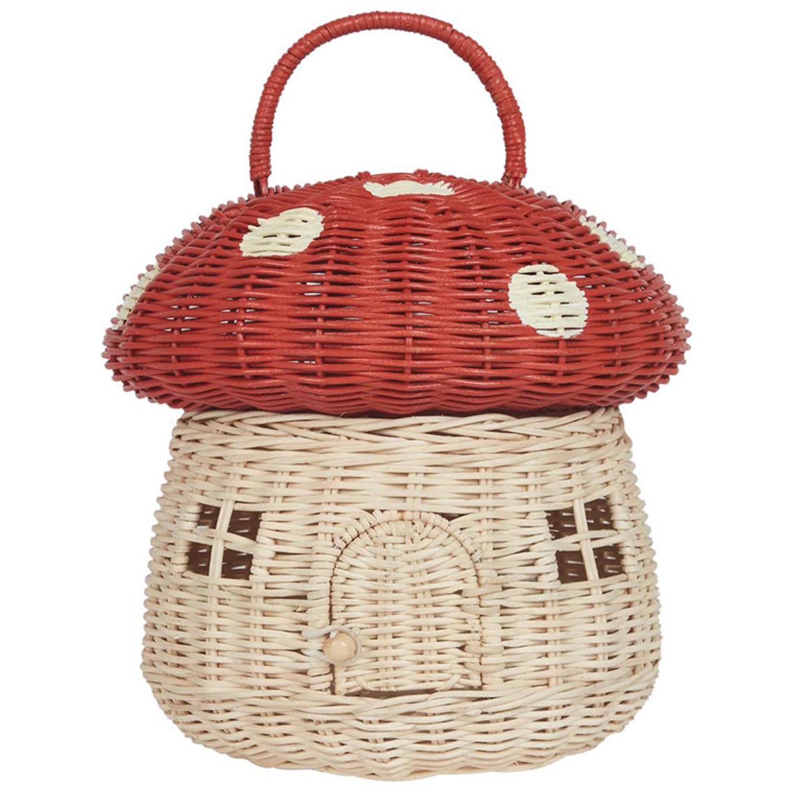 Ameble Red Mushroom 11" Mushroom-Shaped Rattan Storage Basket With Lid, Cute Portable Decorative Basket With Handle For Kids Toys, Nursery, Photography Props, Easter &