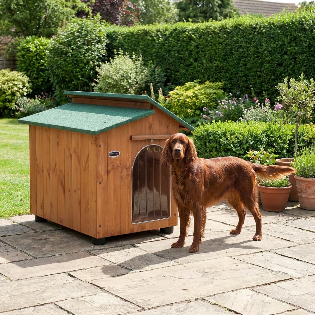 Cuccia in Legno per Cani Modello Setter – Impermeabile, Coibentata, Tetto Apribile, Pavimento Isolato – Pino di Svezia Resistente – Con Tendina Basculante Termica in Omaggio – Misure 70×90×80 cm