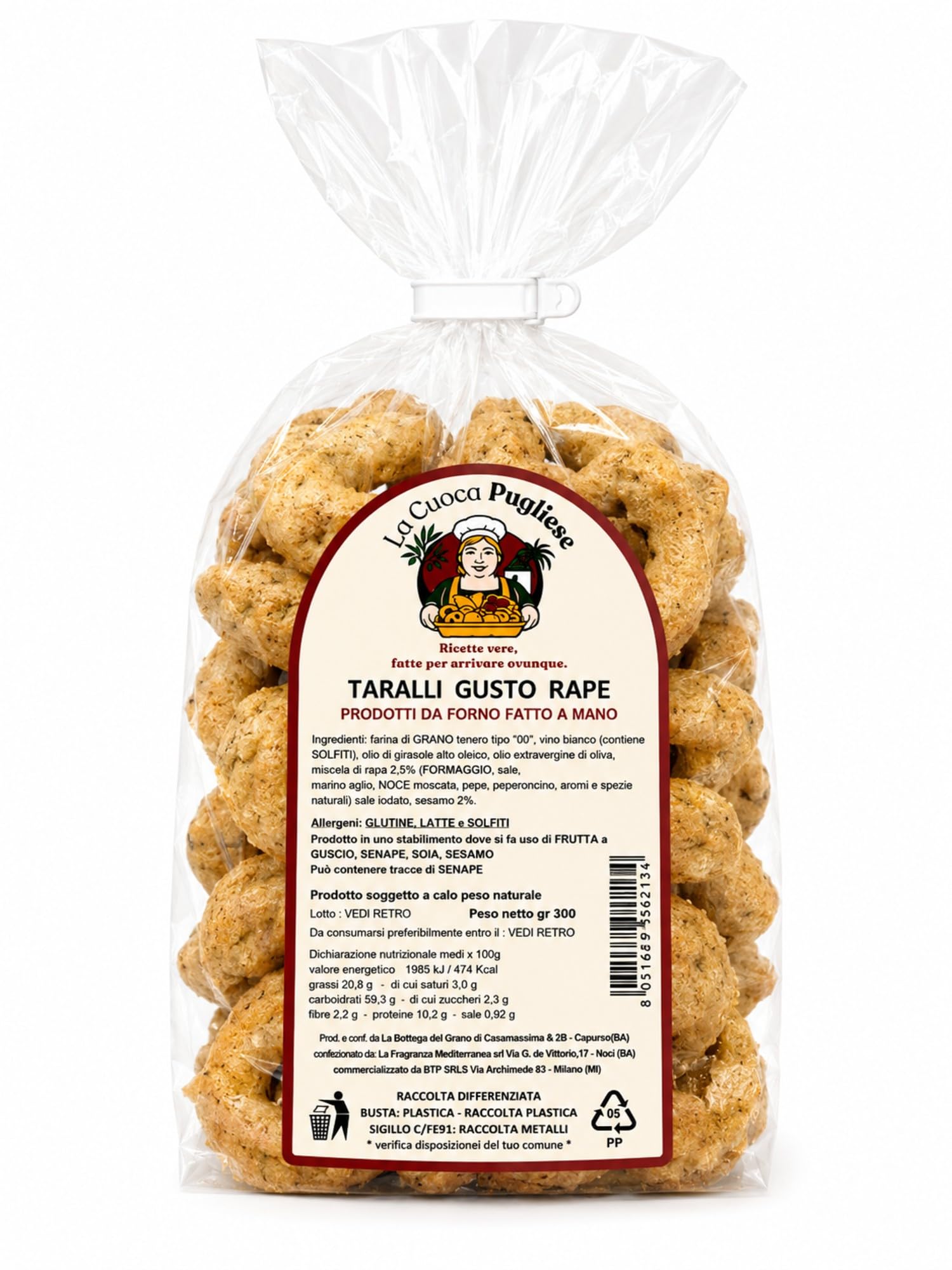 La Cuoca Pugliese - Taralli alle Rape Artigianali Pugliesi, Taralli Salati Croccanti dal Gusto Tipico, Snack da Forno Tradizionale, Ideali per Aperitivi, Confezione da 10 x 300 g