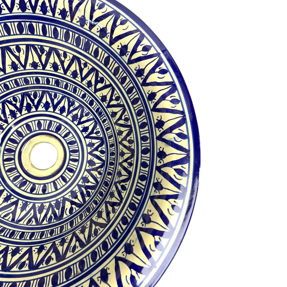 Lavabo Marocchino in Ceramica, Dipinto a Mano, Fes, 40 cm, Blu e Bianco, Motivo Orientale