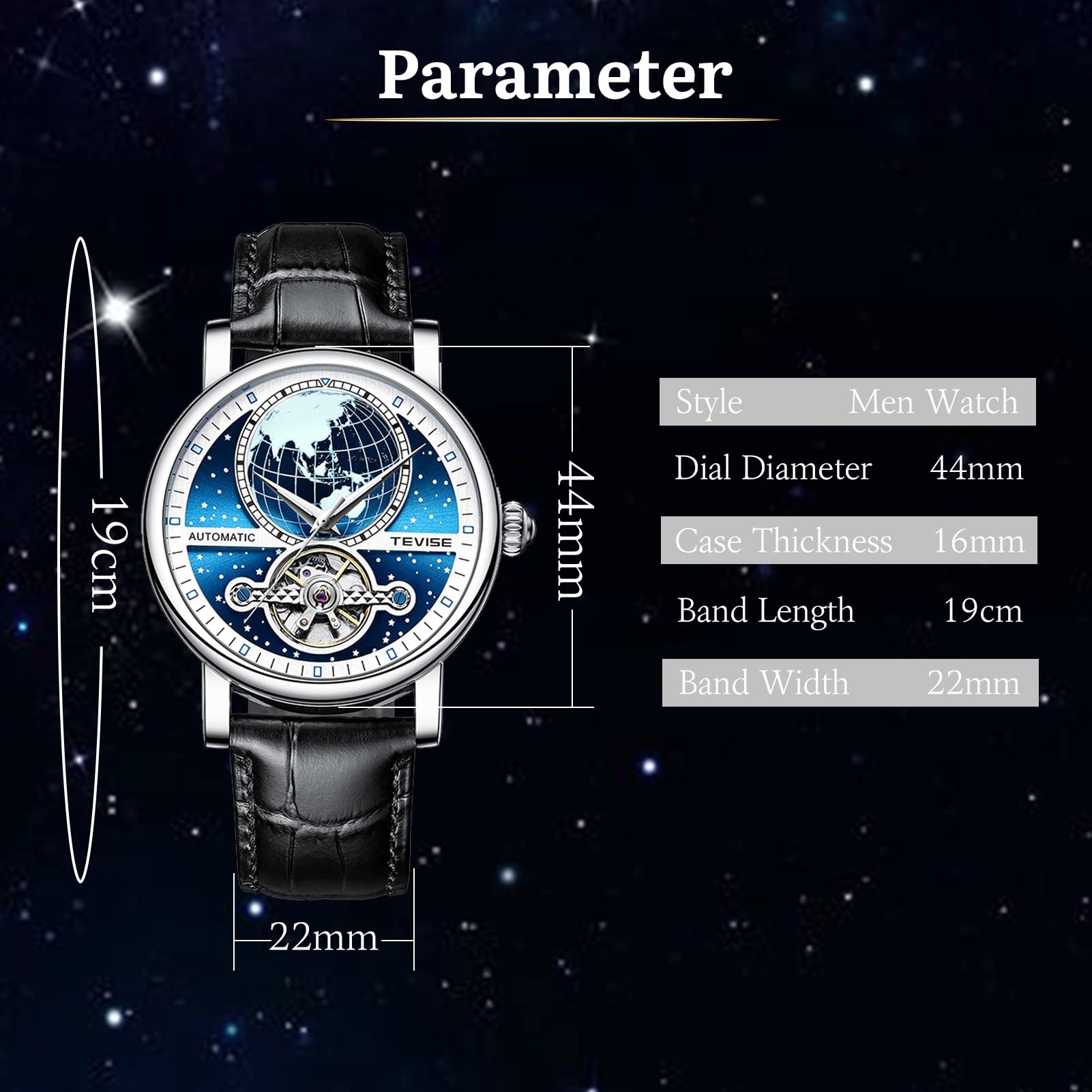 Tourbillon Herren-Armbanduhr, selbstaufziehend, leuchtende Automatik-Armbanduhr für Herren, wasserdicht, Leder, Dual-Zeit-Schreibuhr, Mode, Business, blau, Riemen