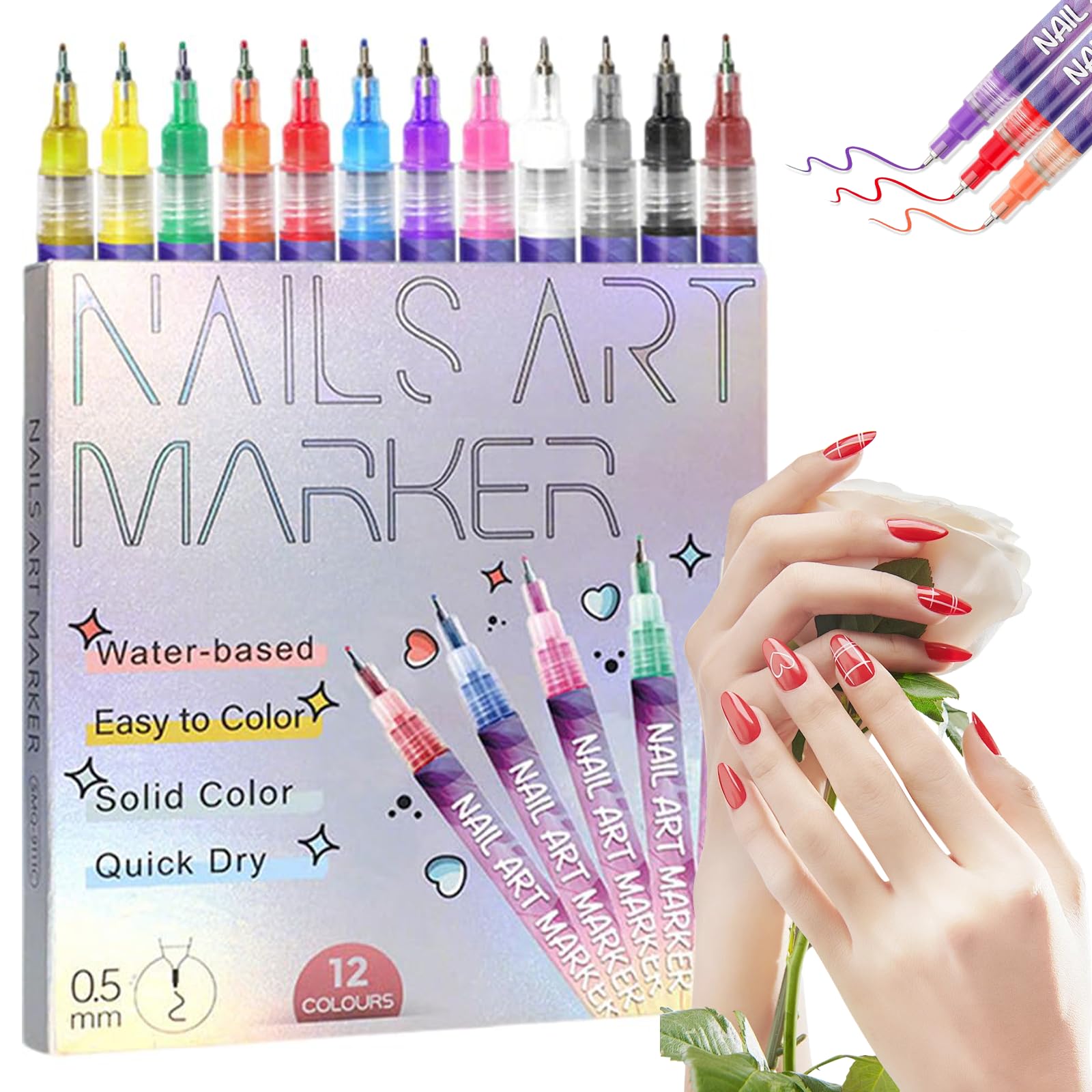 12 Colors Nail Art Pens Set – 3D Nail Art Marker & Polish Pens with Fine Liner Brush for Drawing, Painting & DIY Manicure Designs, Nail Art Beauty Tools Kit (1 Set)