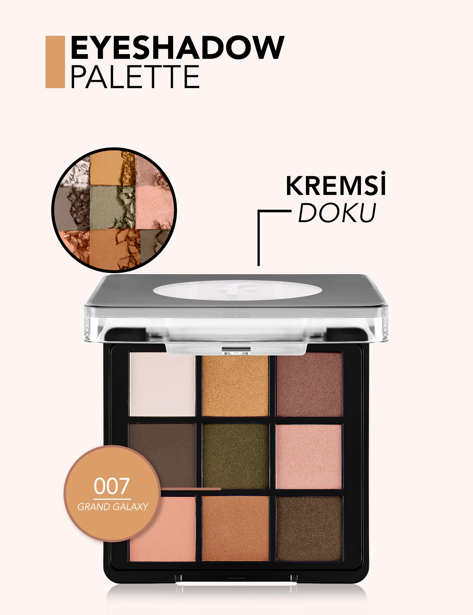 Kremsi Dokulu & Mat Bitişli/Işıltılı 9'lu Kompakt Göz Farı Paleti