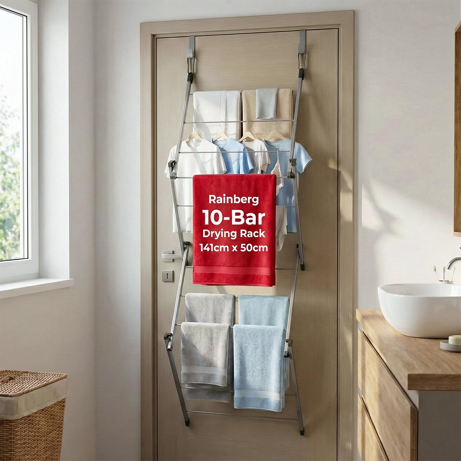Rainberg Over The Door Clothes Airer, Foldable 10-Bar Drying Rack, Easy to Pull and Open Clothe Airer indoor/Outdoor, Drying Rack with 4kg Washing Line Drying Space.
