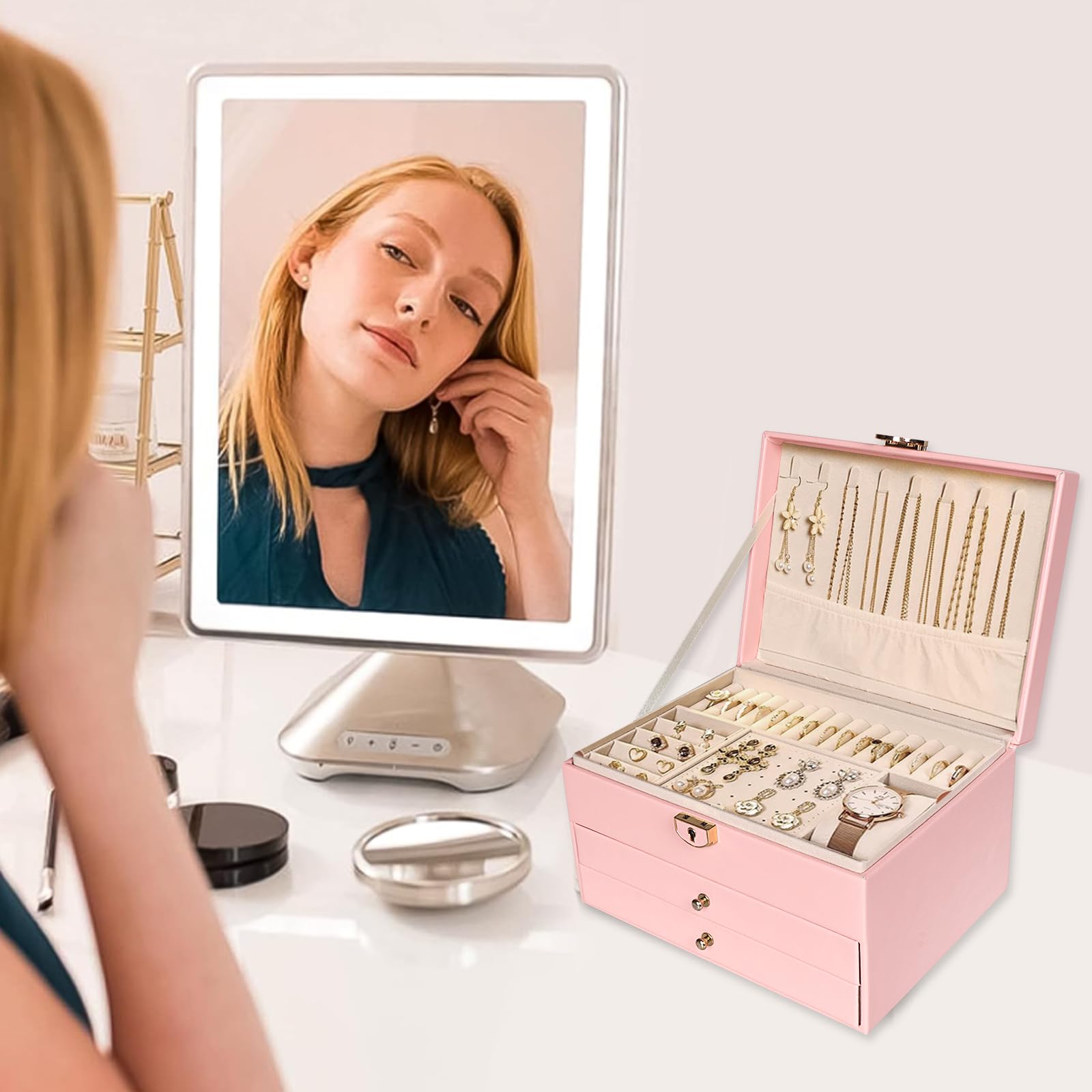 Boîte à Bijoux Pour Femme, Coffret à Bijoux En Cuir Verrouillable De 2 Couches Organisateur à