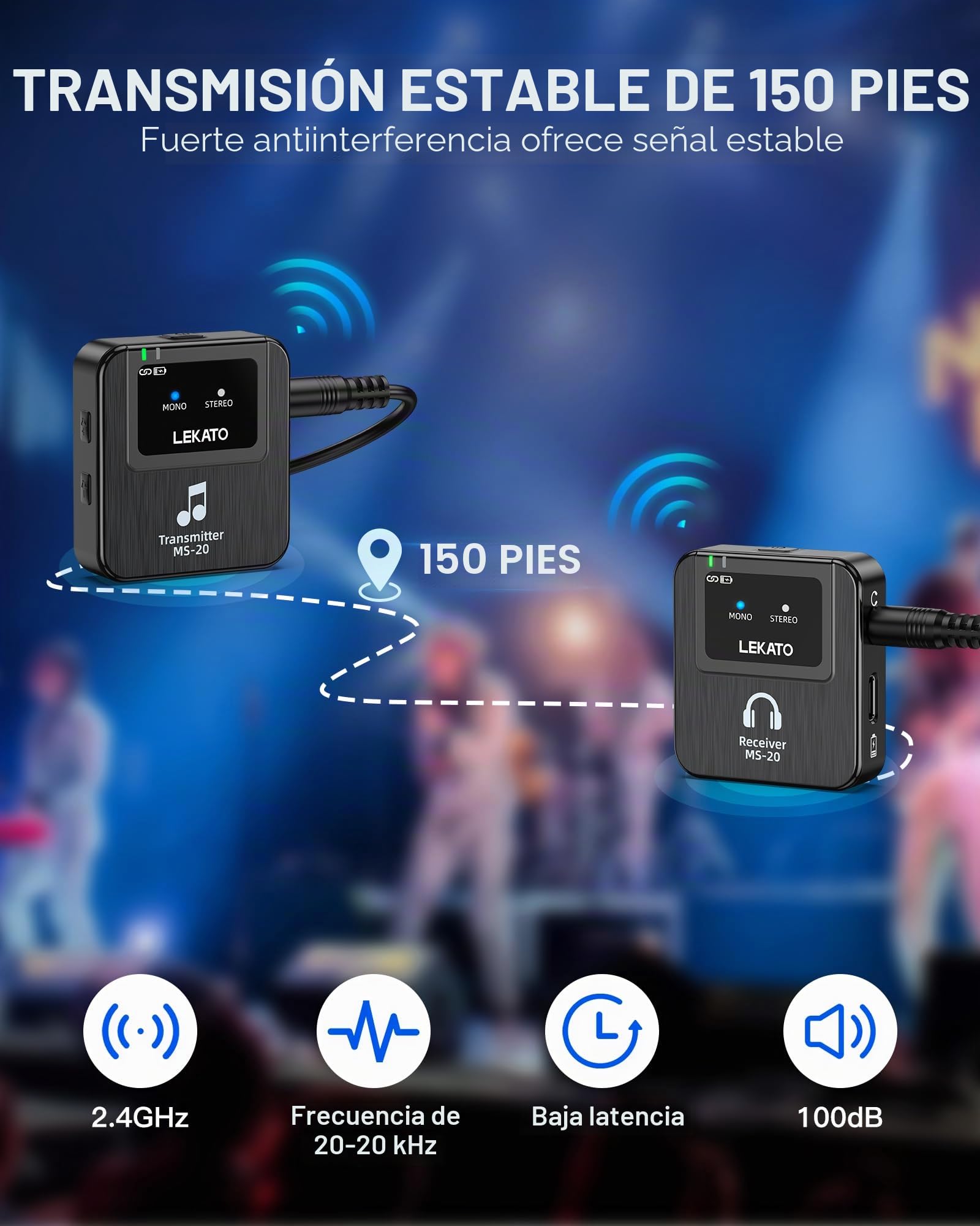 LEKATO Sistema inalámbrico IEM estéreo 2.4 G con transmisor-receptor de correa para estudio, ensayo de banda y concierto