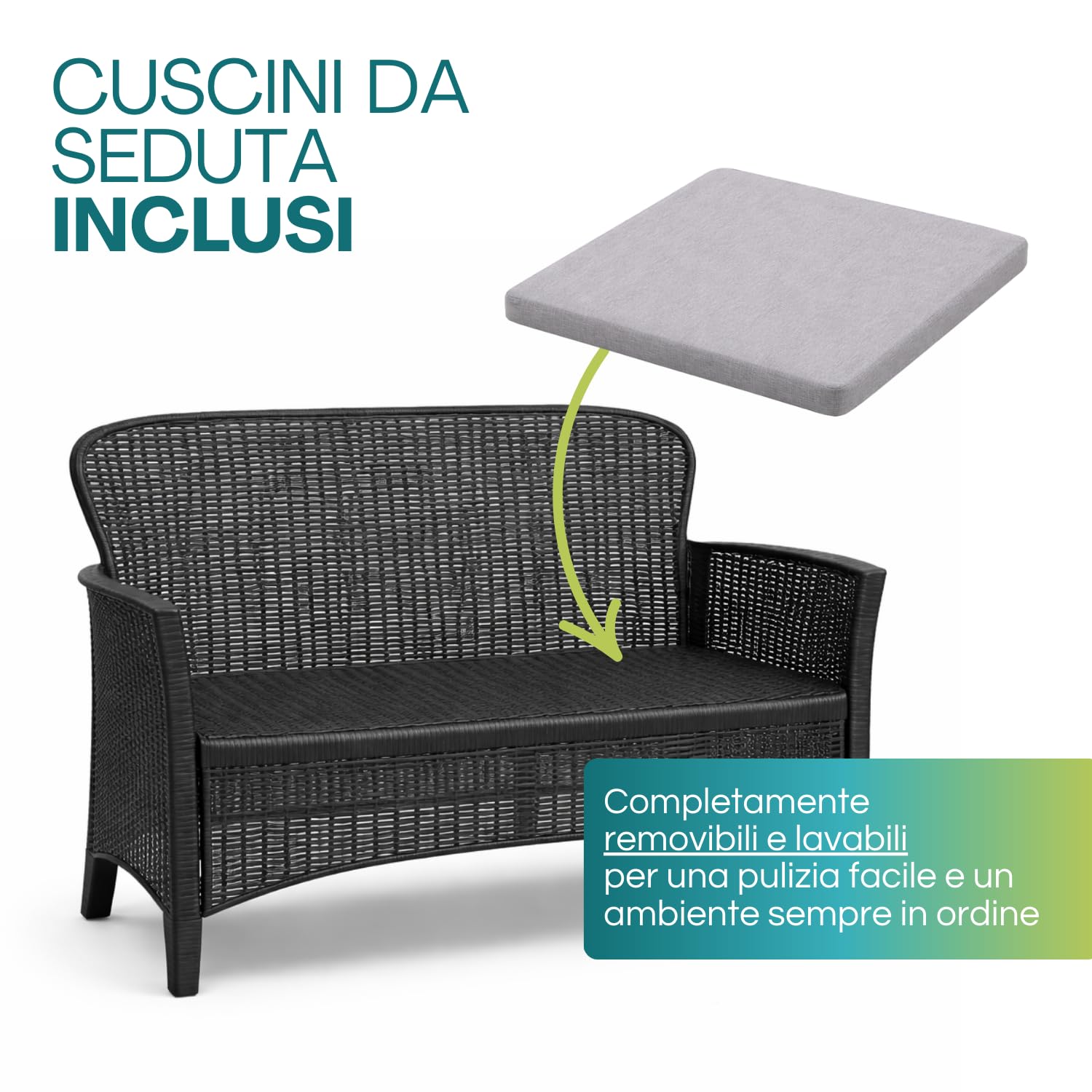 VIRSUS Set Salottino da Giardino per 4 Persone, Composto da: 2 Poltrone, 1 Divano a 2 Posti e 1 Tavolino, Cuscini per comoda Seduta, Design Rattan di colore Antracite, Interno ed Esterno -JUN6043F