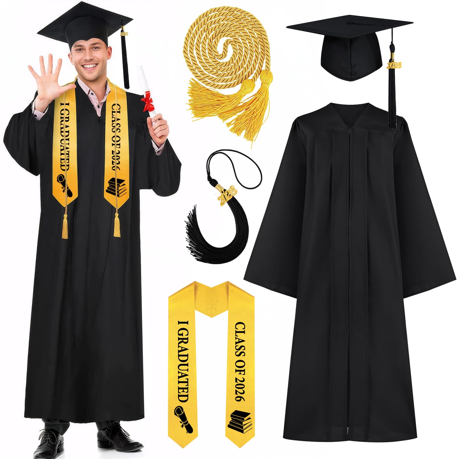 Juego de Toga y Birrete Graduación 2026 para Adultos, Toga y Gorra de Graduación Unisex con Borla y Banda, Toga Graduación para Universidad, Bachillerato y Escuela Secundaria