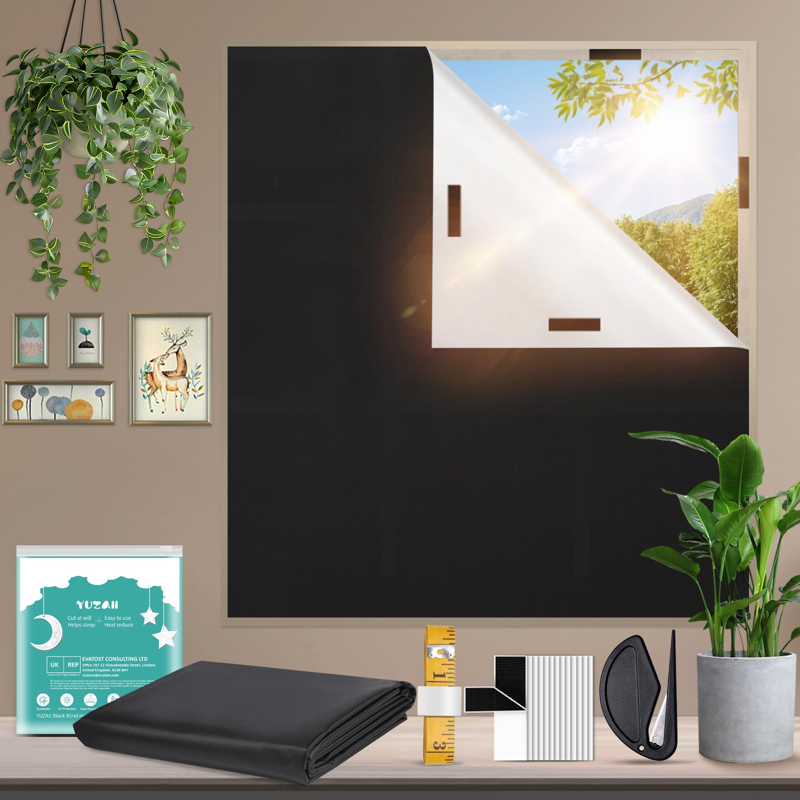 Blackout Blind 300x145cm Stick On Black Out Blinds for Windows, No Drill Temporary with 20 Hook & Loop Tapes for Bedroom, Travel (Black)