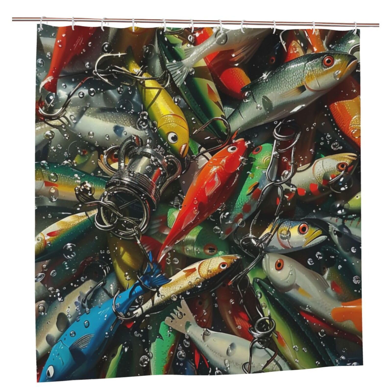 BWWHCCTI Fishing Bait Printed Shower Curtain With 12 Plastic Hooks Opaque Quick Drying Waterproof Shower Curtains Sets For Bathroom 183x183 CM