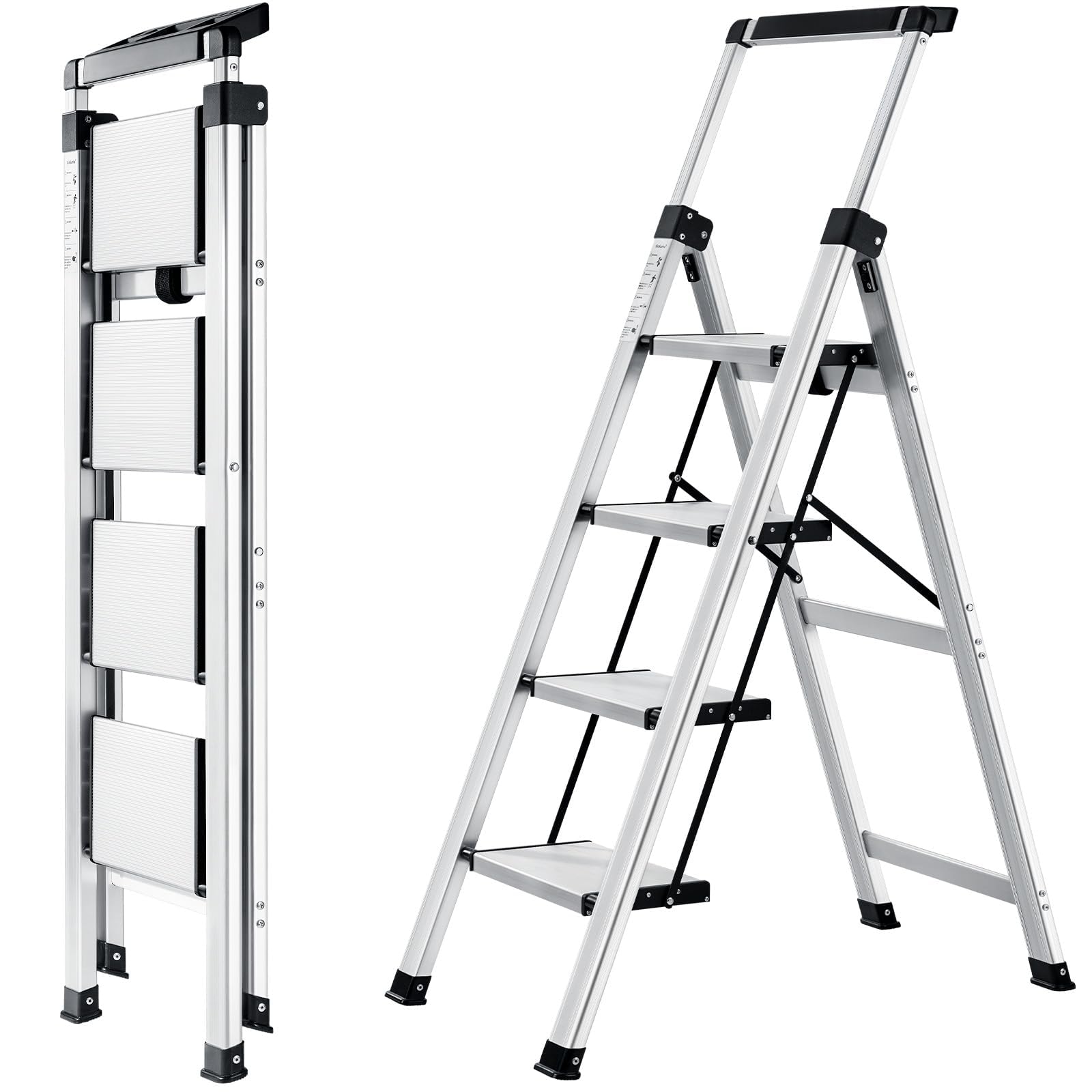 XinSunho Escalera 4 Peldaños Aluminio, Escalera Plegable con Pasamanos Extensible, Bandeja para Herramientas, Escalera de Tijera Antideslizante, Escalera Portátil para casa y Oficina, Carga Máx 150kg