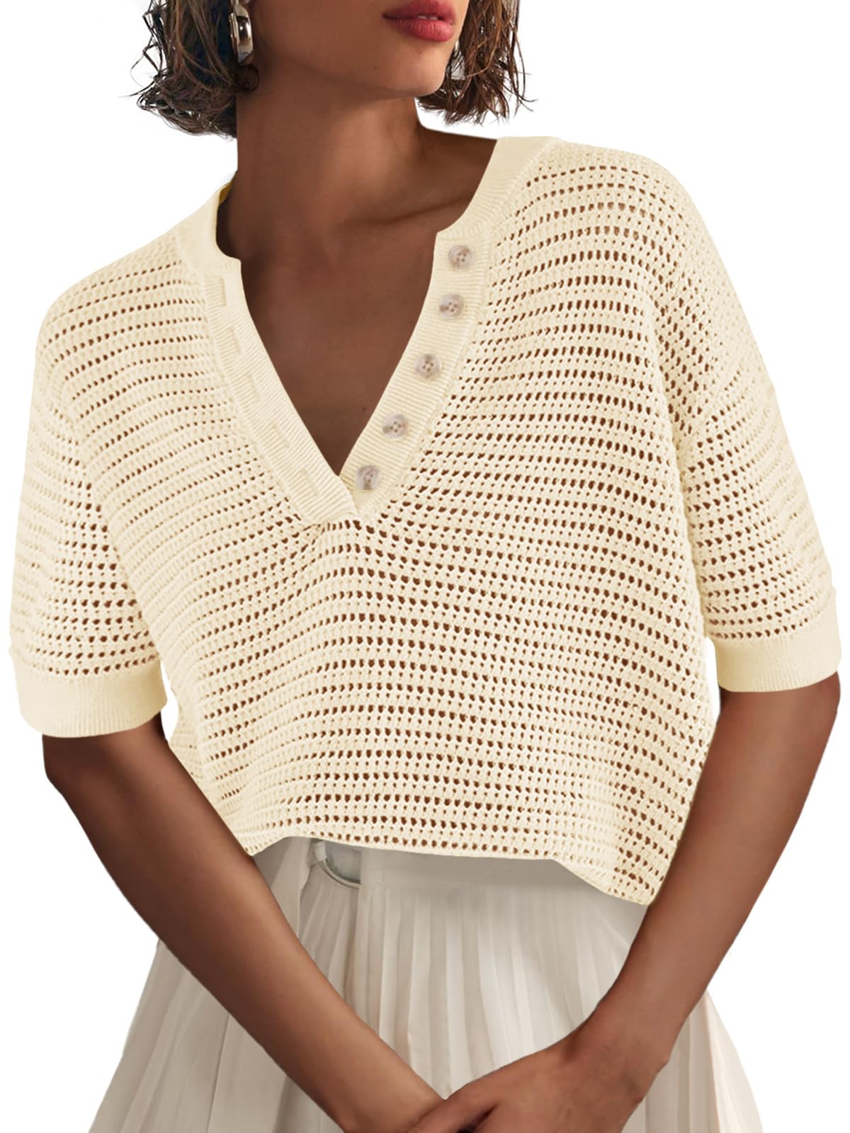 Imily Bela Blusa feminina de manga curta para o verão, casual, cr...