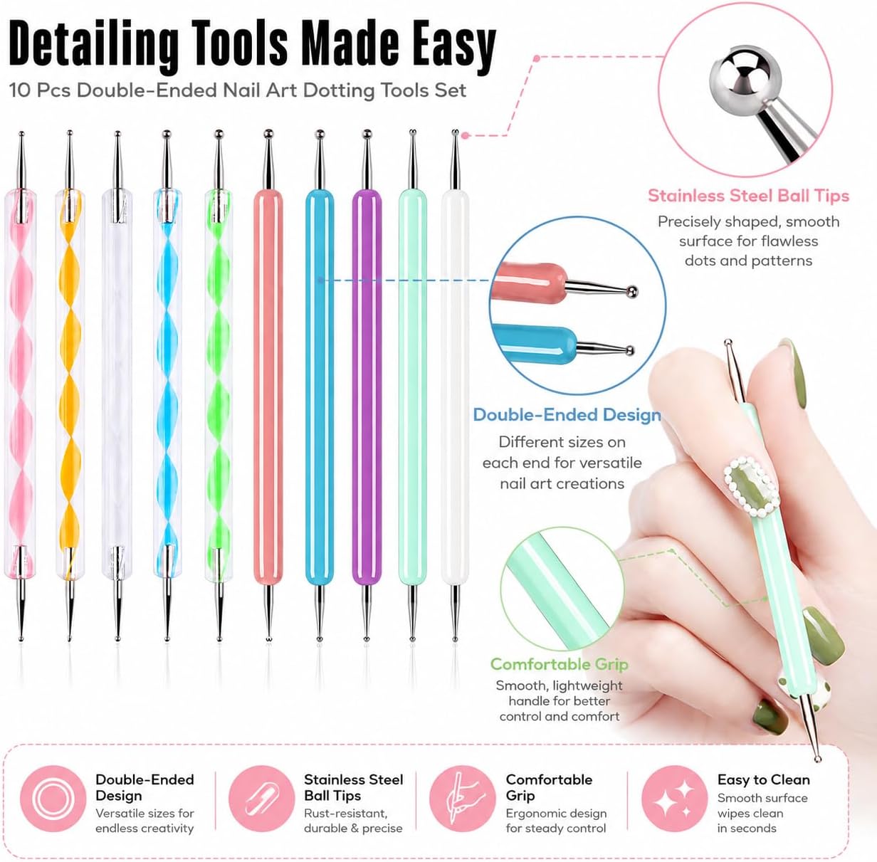 ABenkle 10Pcs Art Dotting Tools for Nail Art, Ball Tip Clay Tools Sculpting Pattern Tracing Stylus, Ball Embossing Stylu for Drawing,Painting Rocks Mandalas,Art Dot Tools