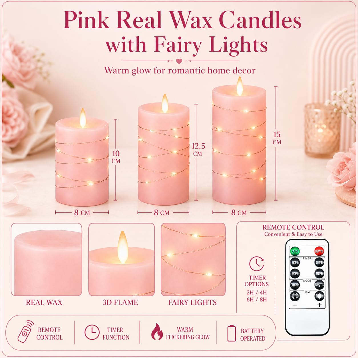 Upinmz Candele tremolanti senza fiamma con luci a stringa incorporate, candele a batteria con telecomando e timer, candele LED per decorazione domestica, vera cera, confezione da 3 pezzi, rosa