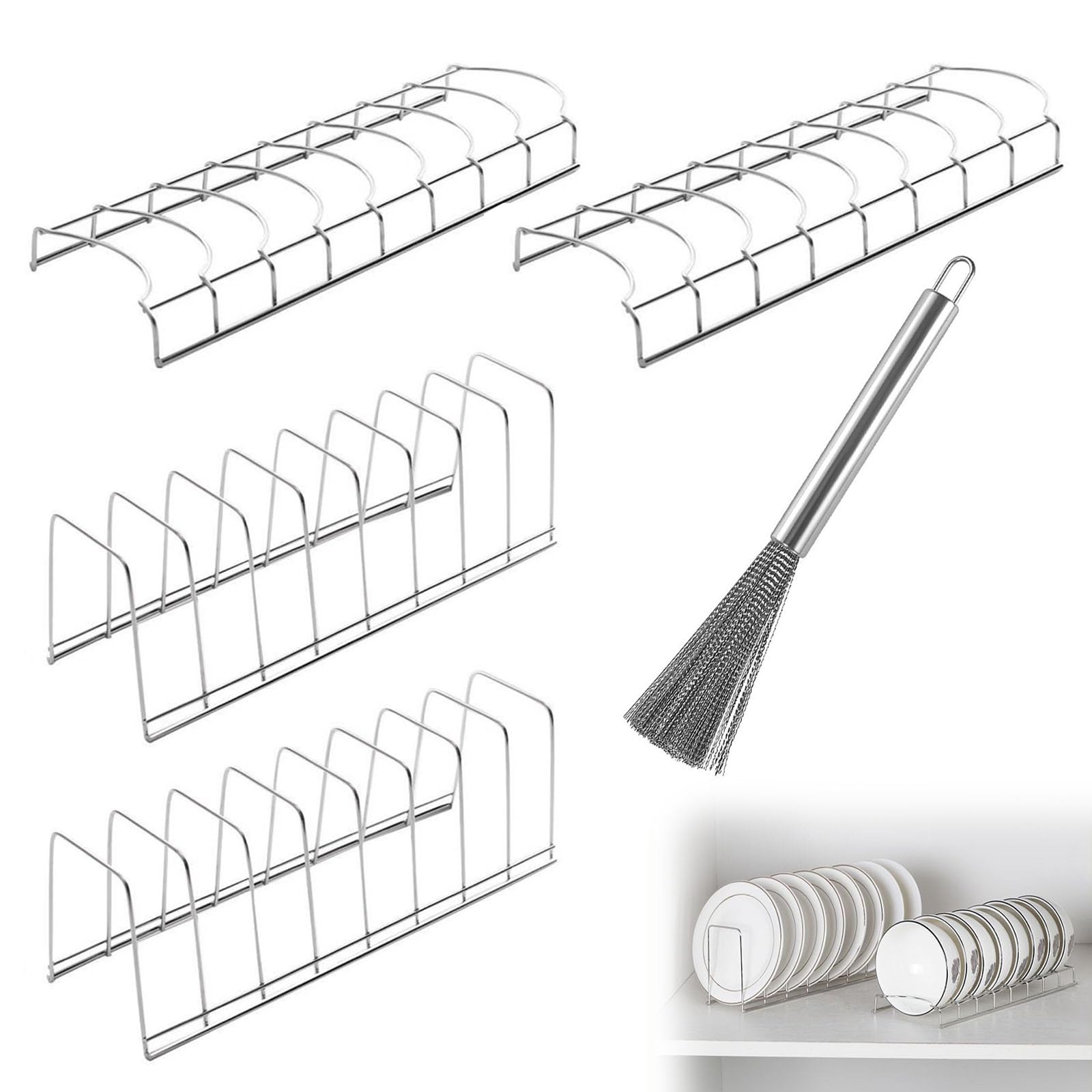 YZDZSW 5Pcs Plate Rack For Cupboard, Vertical Kitchen Storage Holder Set, with Bowl Organiser, Plate Holder & Cutlery Brush, Storage Stand for Cabinet