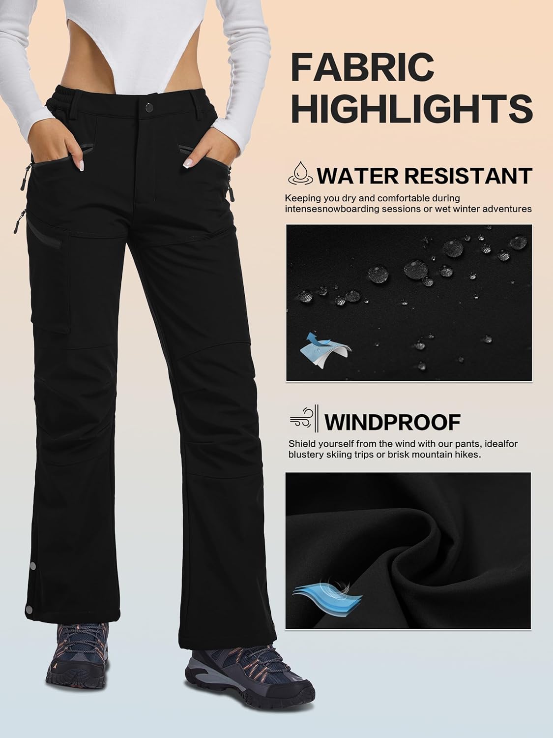 Women's Snow Ski Hiking Pants Waterproof Fleece Lined Softshell Insulated Winter Snowboarding Outdoor Flare Pants - Image 4
