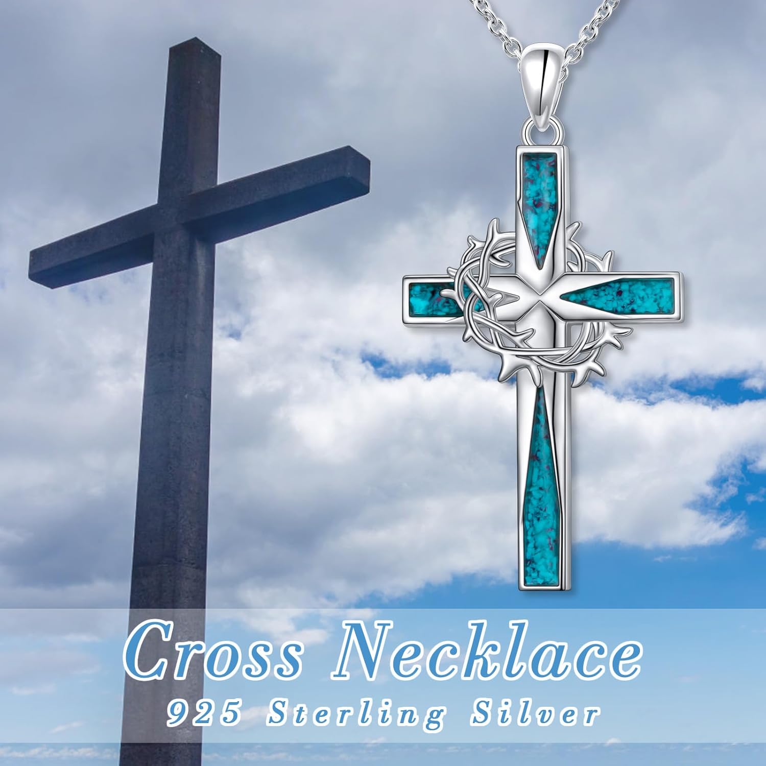 Cross Turquoise Necklace 925 Sterling Silver Thorns Cross Pendant Necklace Engraved All Things are Possible Religious Christian Jewelry Gifts for Women Men - Image 6