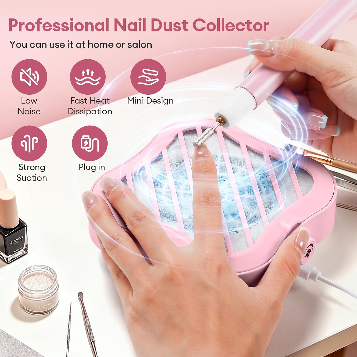Nail Dust Collector Tech - Mini Nail Fan Dust Collector with 10 Filters | Low Noise Powerful Suction Lightweight Small Portable for Beginners Nail Salon and Home Use (Pink)