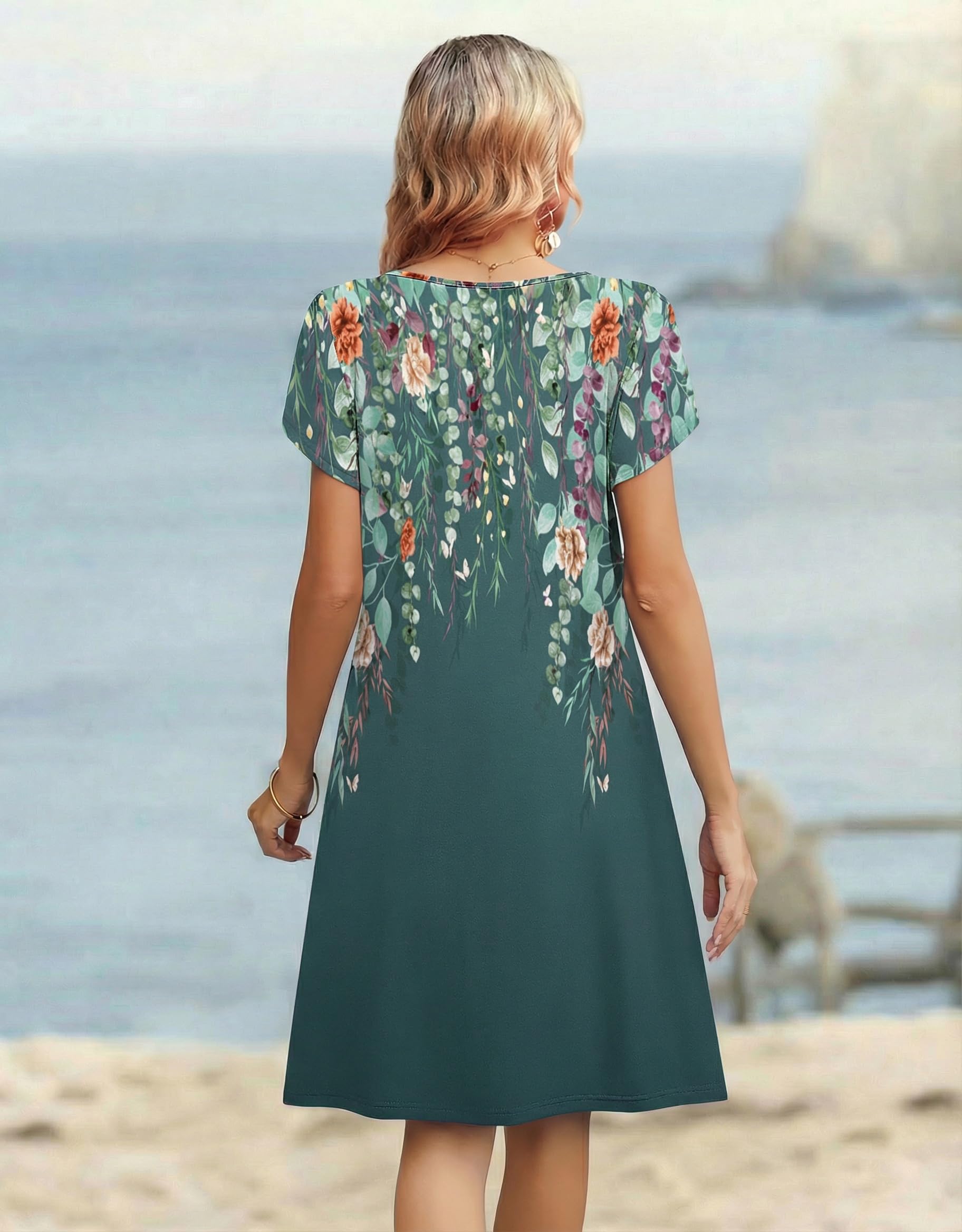 Zeagoo Vestidos Verano Mujer Manga Corta Escote en V Túnica Elegante Flores Midi Casual Playeros con Botones y Bolsillos S-XXL