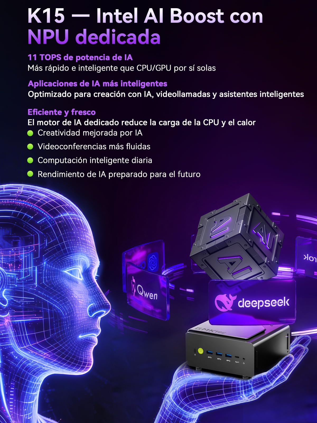 GMKtec Mini PC Gaming Intel Ultra 5 125U, Micro PC 32GB DDR5, SSD de 512GB, Mini Ordenador con USB4.0 | LAN 2.5G | Pantalla cuádruple 4K | OCuLink – para Gaming, Oficina y Negocios, Win11