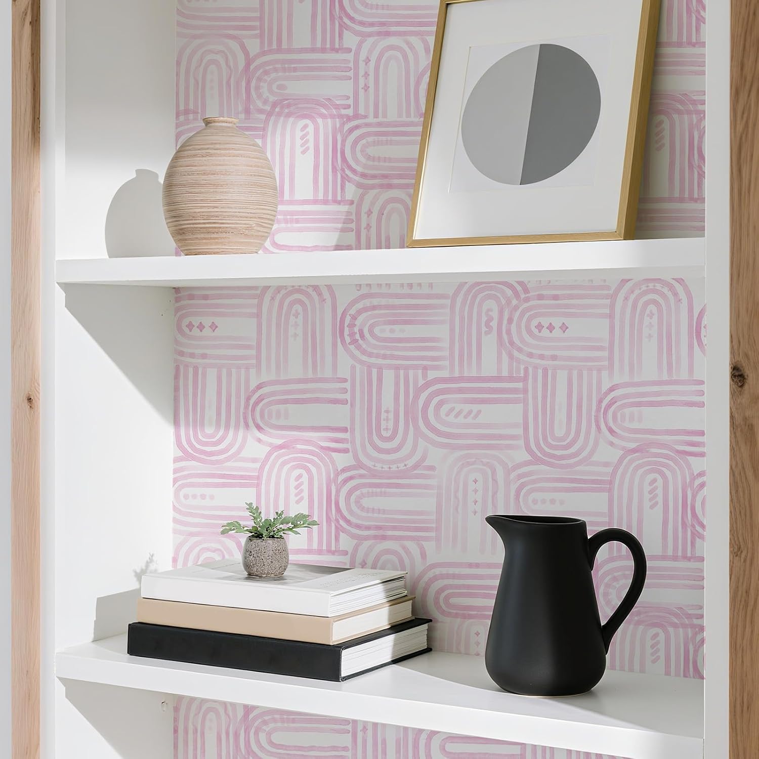 Modern Peel and Stick Wallpaper Boho Pink and White Contact Paper 17.3"x120" Geometric Abstract Wall Paper Removable Self Adhesive Wallpaper for Bedroom Bathroom Cabinet Decor Vinyl