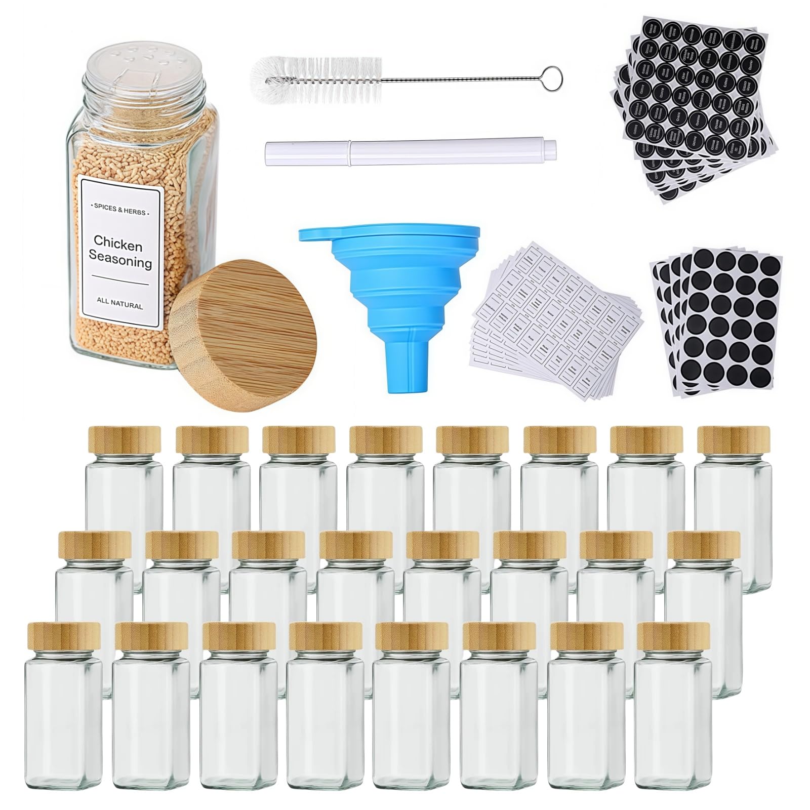 24 Spice Jars with Labels And Bamboo Lids, 120ml Glass Spice Containers with Shaker Lids Seasoning Jars Bottles with 180 Labels for Spice Rack Cabinet Drawer, 1 Pen, 1 Hose Brush, 1 Silicone Funnels