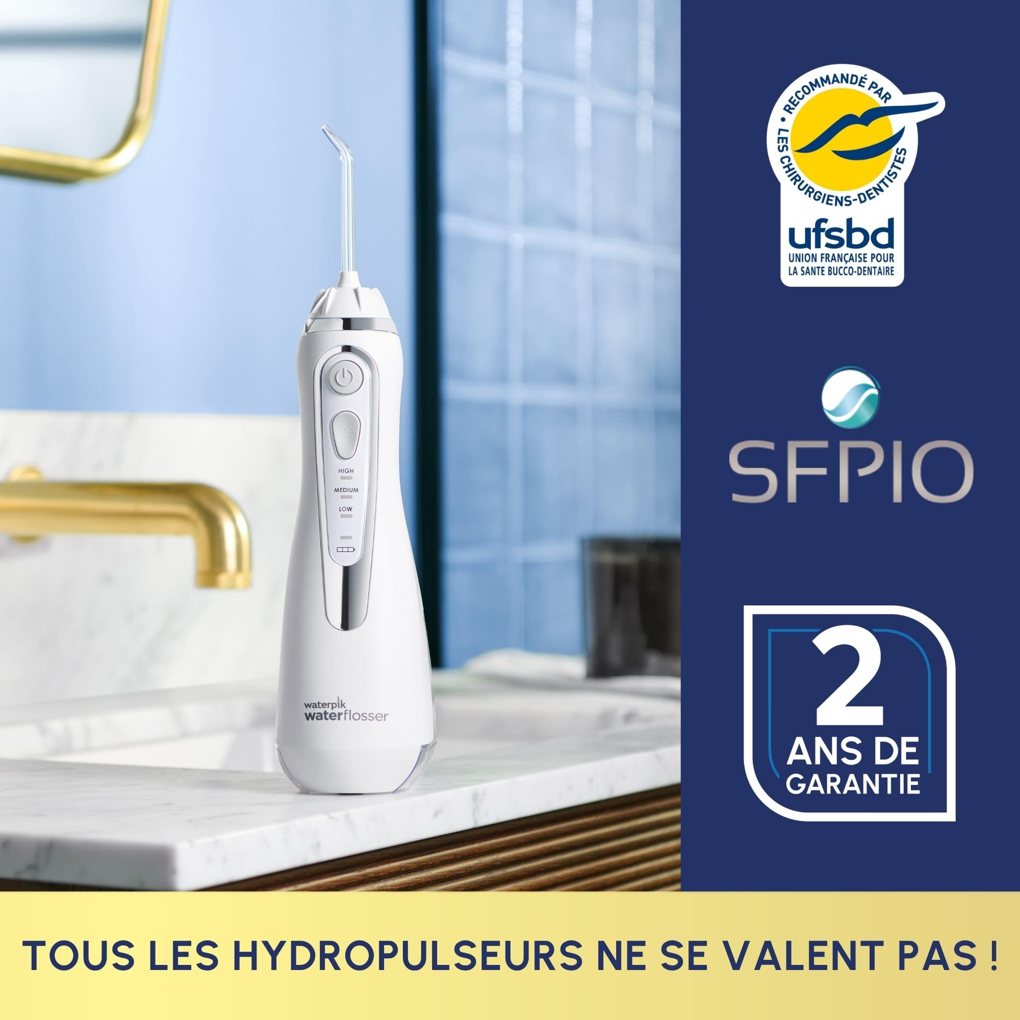 Waterpik Advanced - Hydropulseur Dentaire Sans Fil, Jet Dentaire Portable Rechargeable avec Câble USB, Élimine la Plaque, 3 Niveaux de Pression, Blanc (WP-580EU)