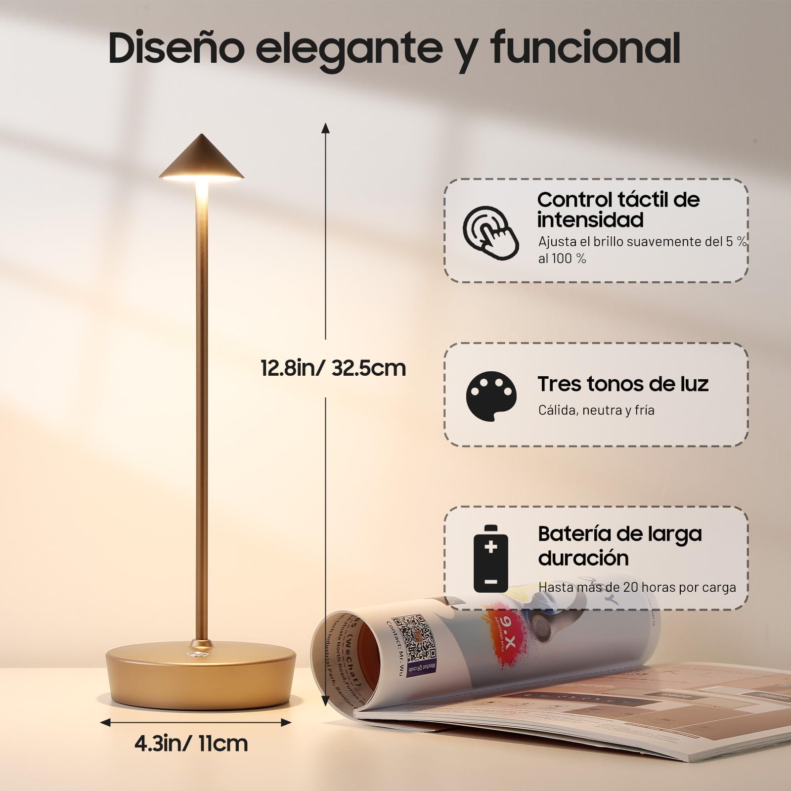 Lampada da Tavolo Senza Fili Ricaricabile,Lampada Led da Tavolo,3 Modalità di Colore, IP54, per Interni/Esterni, Ristorante (Bronzo)