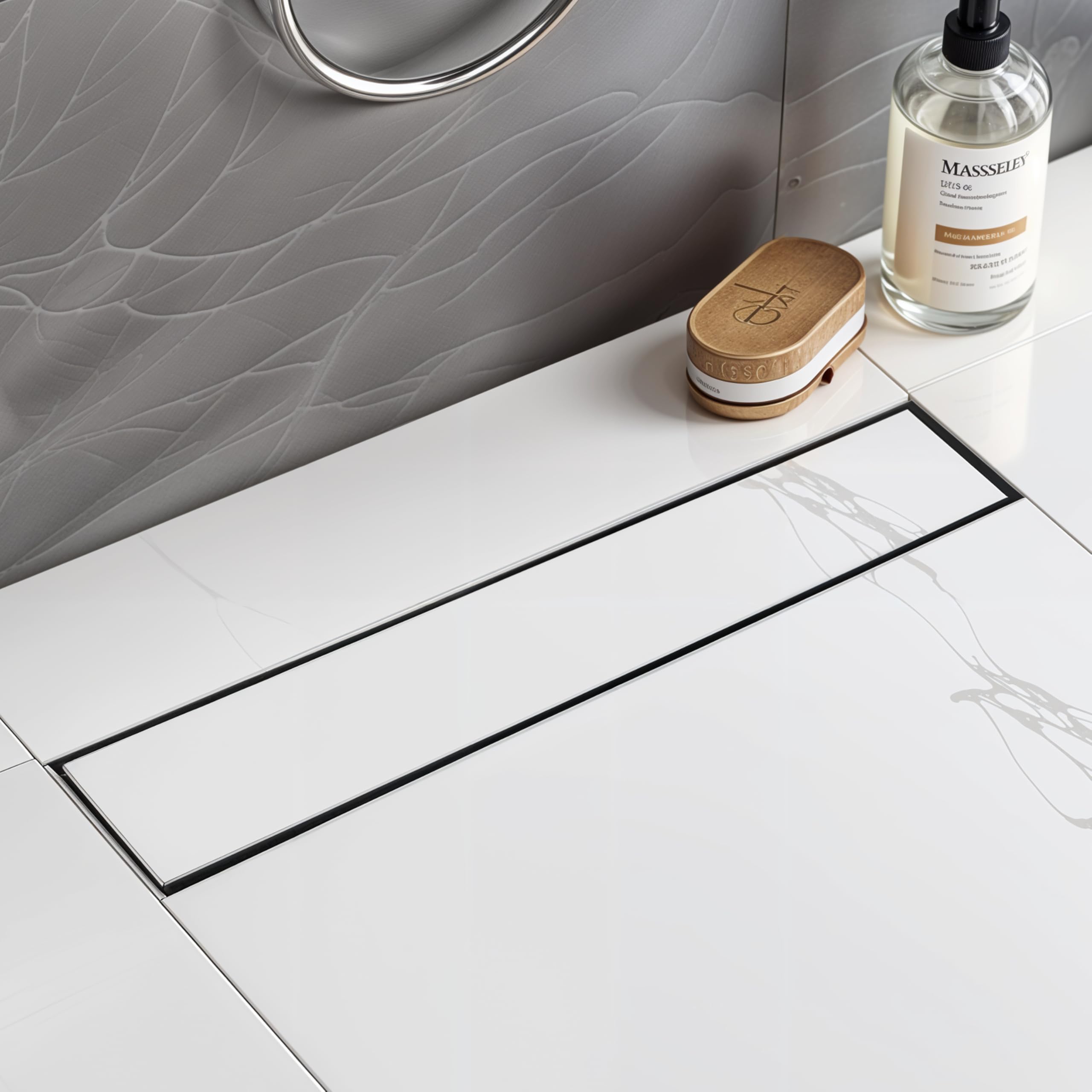 Ruhe Tile Insert Shower Drain Channel | 18 x 3 Inches | Waste Water Floor Drainer | 304 Stainless Steel | Invisible Shower Drain Channel | Anti Cockroach Trap | Side Hole Type | Silver