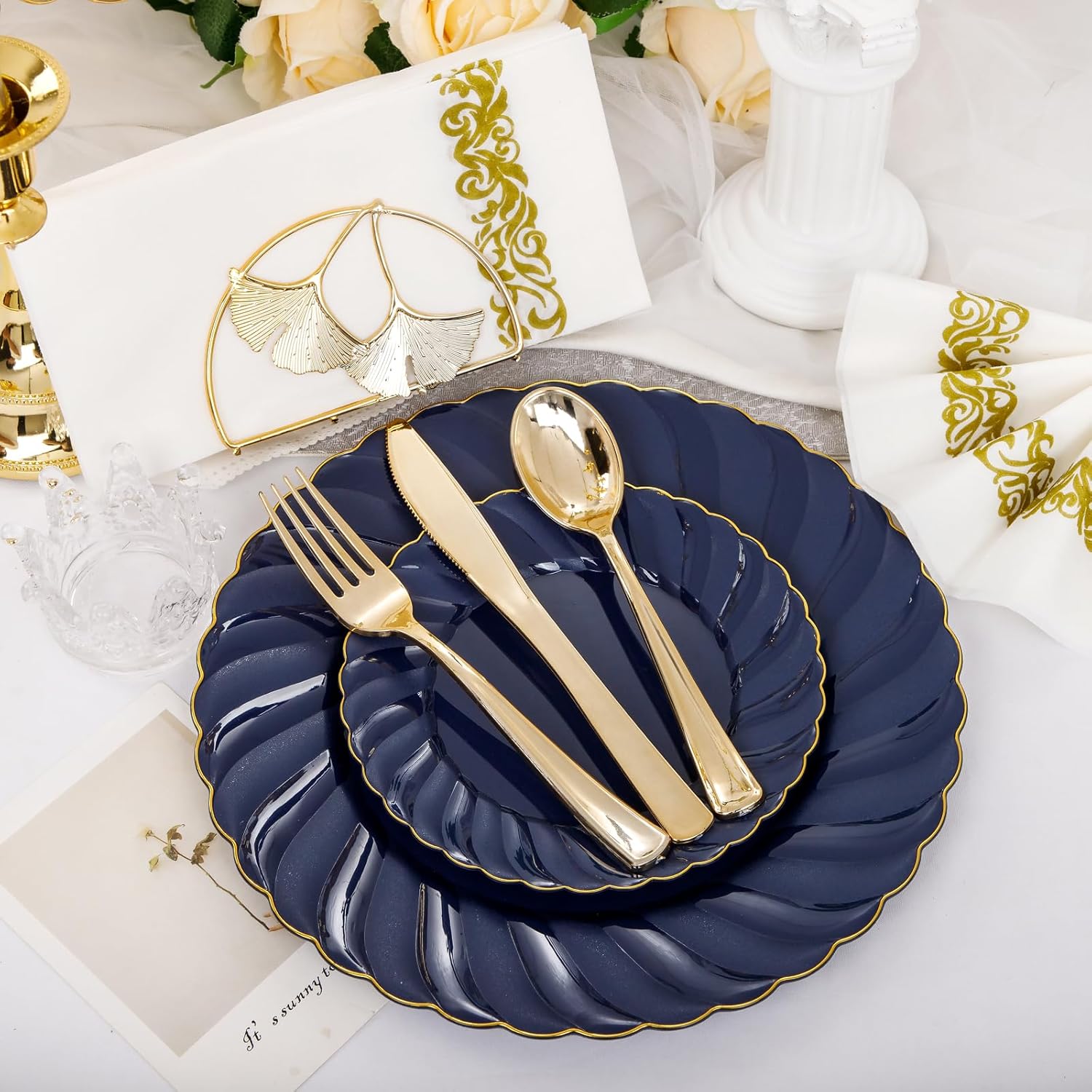 YOUBET 150PCS Blue Plastic Plates - Gold Plastic Silverware - Heavy Duty Navy Blue Disposable Plates include 50 Plates, 25 Forks, 25 Knives, 25 Spoons, 25 Napkins for Wedding Birthday Parties Hanukkah - Image 4