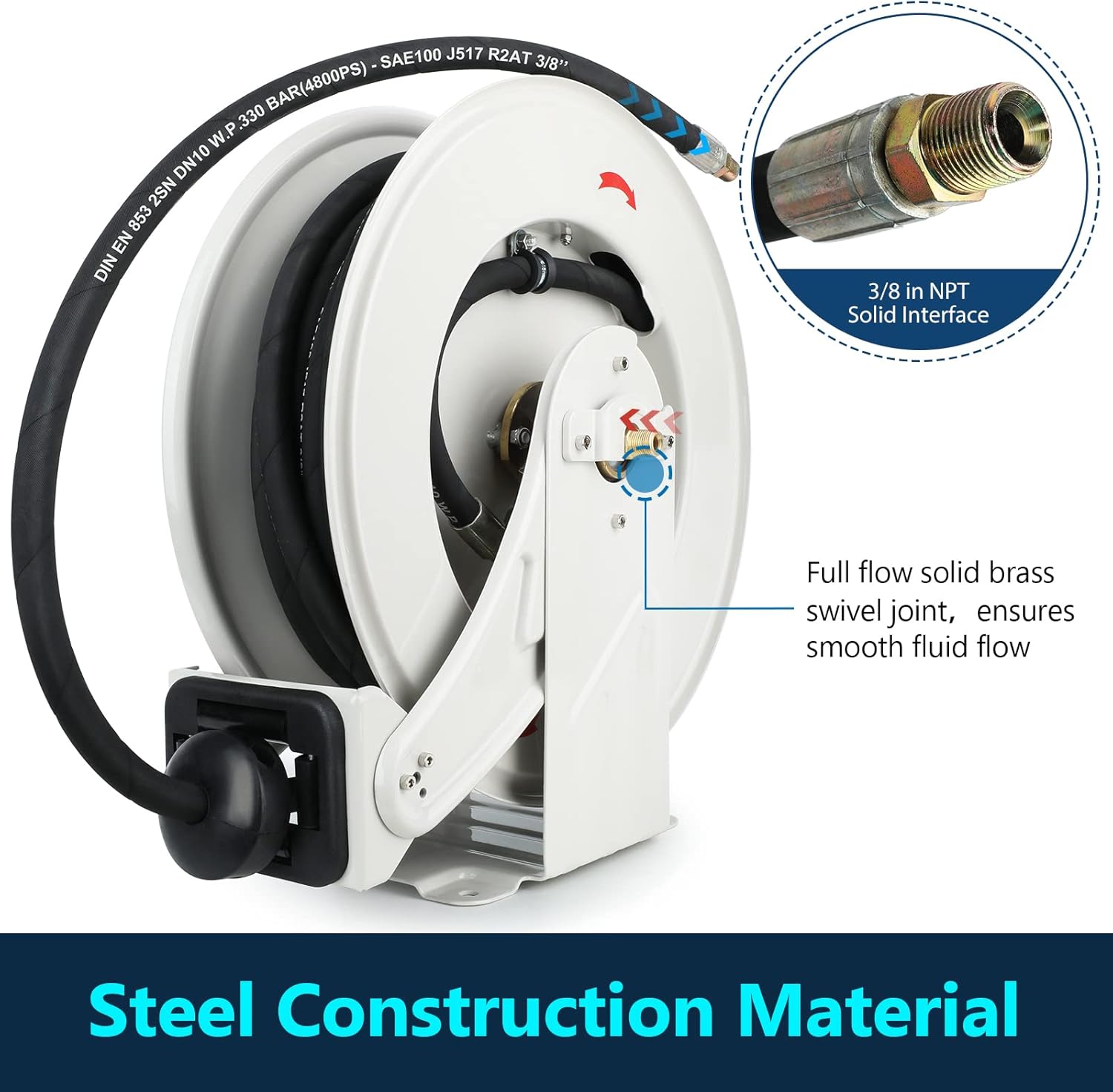 3/8 inch x 50 ft Oil Hose Reel Retractable Hose W P 330 BAR Max 4800 PSI Adjustable Support Arm and Pipe Gripper Spring Driven Steel Construction Heavy Duty Industrial Hose Reel for Butter Oil