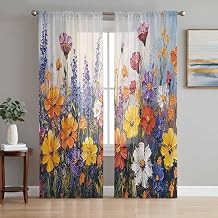 Botanical Flowers Sheer Curtains 63 Inch Length 2 Panels, Farmhouse Floral Herbs Oil Painting Light Filtering Voile Drapes for Living Room Bedroom Window Treatments, Rod Pocket Privacy Semi Curtains